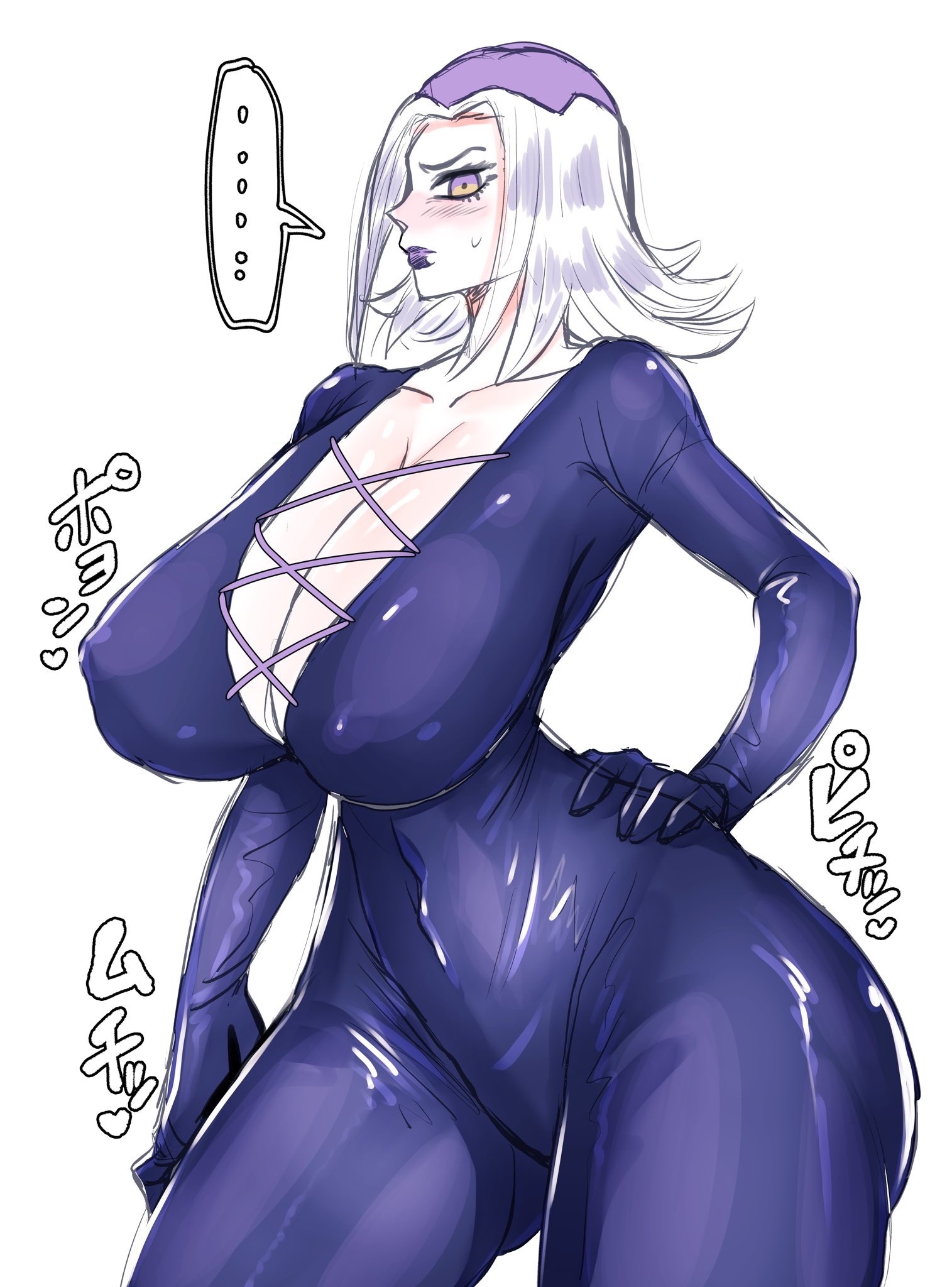 1girls, big breasts, blush, blushing, bodysuit, breasts, busty, cleavage, clothing, curvy, eyelashes, female, female only, fully clothed, highres, huge breasts, human, japanese text, jojo's bizarre adventure, large breasts, leone abbacchio, lips, lipstick, long hair, looking at viewer, nipple outline, psyche oreca, rule 63, sexually suggestive, shounen jump, solo, speech bubble, standing, sweatdrop, text, thick thighs, translation request, vento aureo, voluptuous, white background, white hair, wide hips