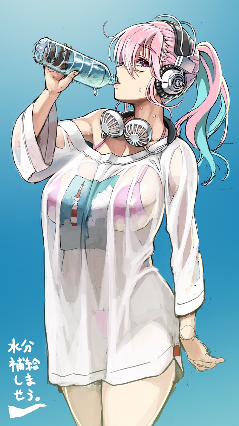 alternate_hairstyle big_breasts bikini bikini_top bikini_under_clothes drinking headphones huge_breasts oversized_clothes oversized_shirt pink_hair ponytail super_sonico sweat sweatdrop t-shirt tsuji_santa water_bottle wet_clothes