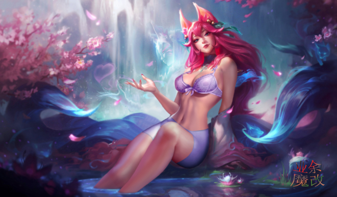 1girls, ahri, animal ears, bare midriff, bare shoulders, blue eyes, bra, breasts, clothed, ear ornament, feet in water, female, fox girl, japanese text, league of legends, looking at viewer, navel, painted nails, pink hair, richtofen, source request, spirit blossom ahri, spirit blossom series, tail, text