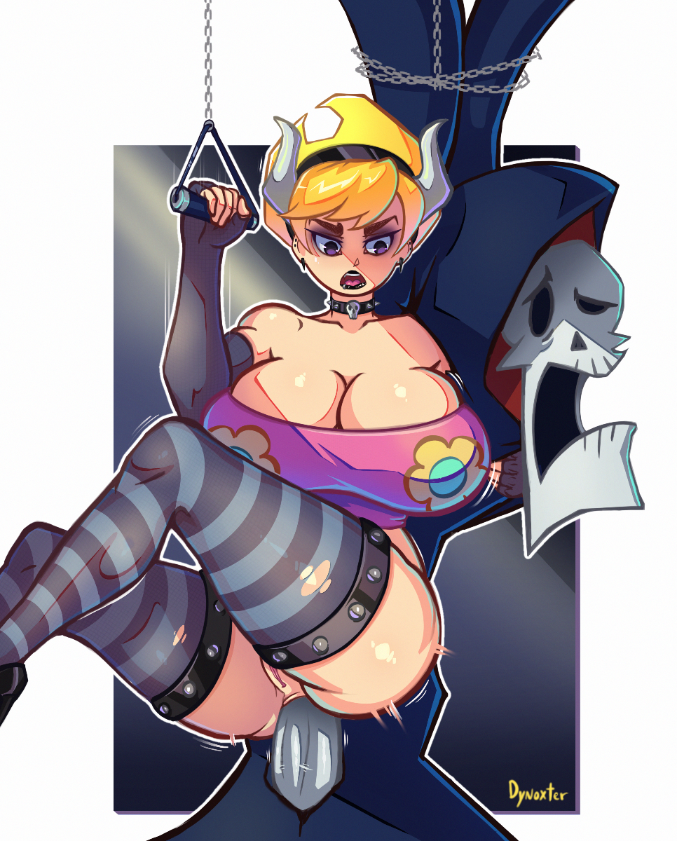 1boy 1girls blonde_hair cartoon_network cleavage curvy diadem dynoxter erect_nipples female goth grim_(billy_and_mandy) huge_areolae huge_ass huge_breasts human legwear light-skinned_female mandy_(billy_and_mandy) neckwear pale_skin puffy_nipples purple_eyes short_hair the_grim_adventures_of_billy_and_mandy thick_lips voluptuous wide_hips