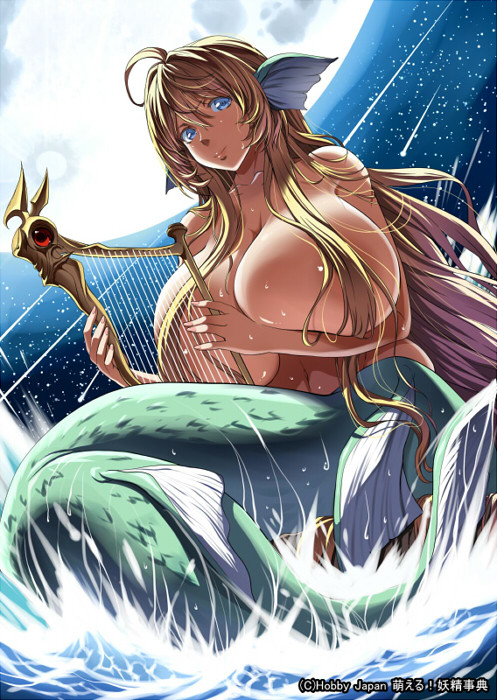 1girls big_breasts blonde_hair blue_eyes covering_nipples female female_only half-human huge_breasts humanoid kloah mermaid ocean solo water