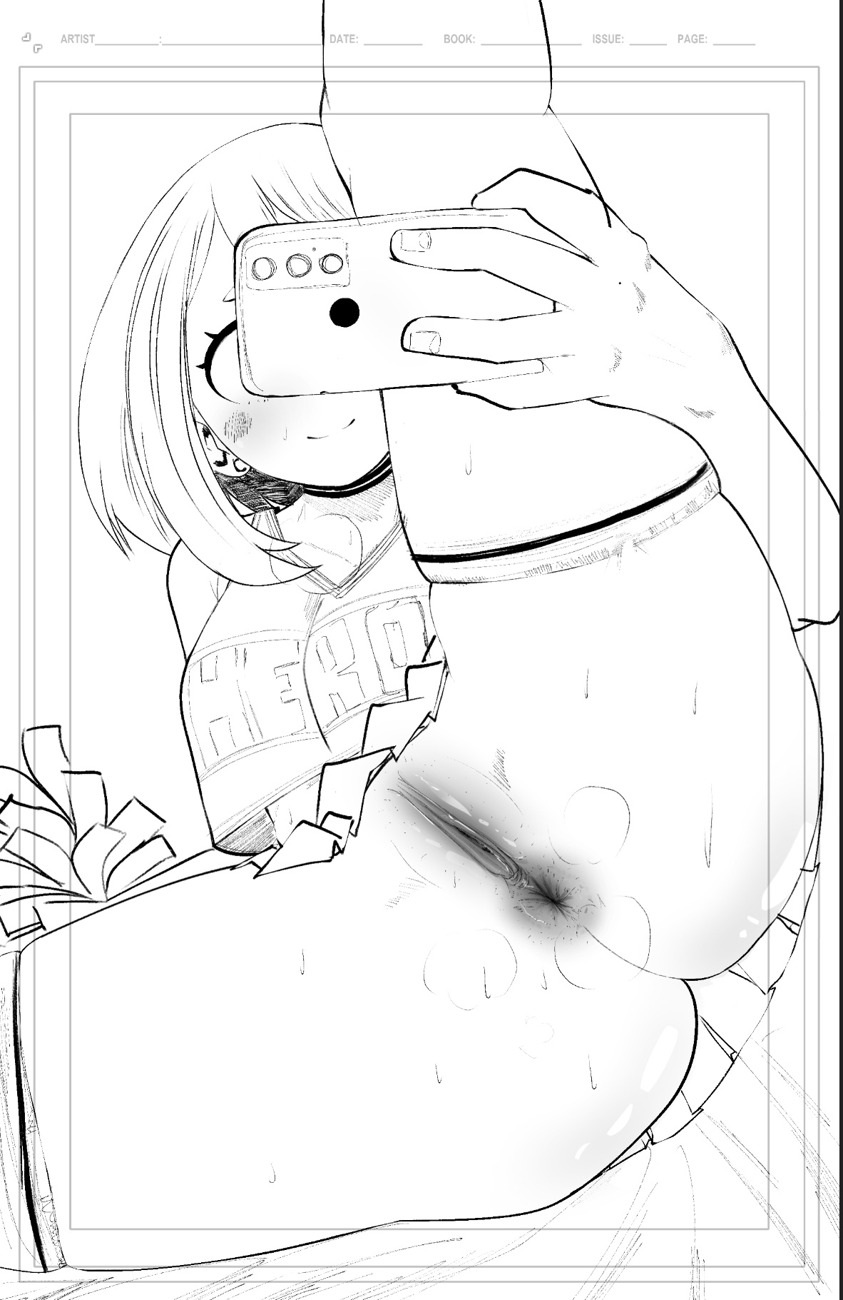 1girls, anus, ass, big ass, breasts, cheerleader, female, legs open, medium breasts, monochrome, my hero academia, ochako uraraka, photo, pussy, selfie, short hair, smartphone, smile, solo, u.a. cheerleader outfit, uncensored