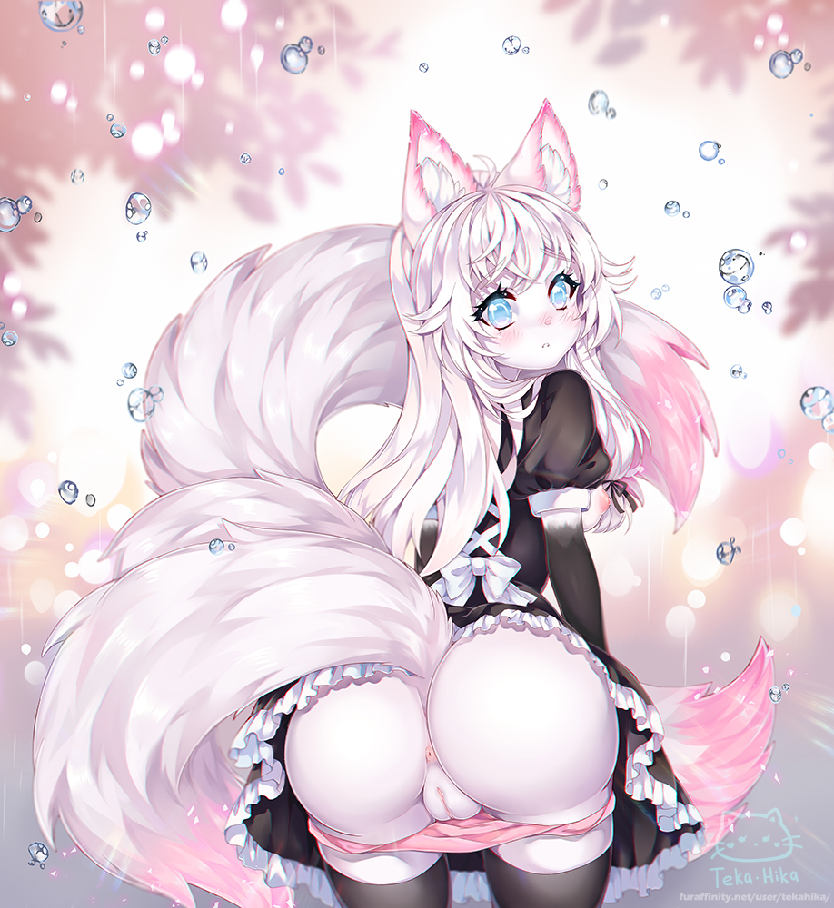 anthro anus ass black_thigh_highs blue_eyes blush cat_ears clothed clothing clothing_lift domestic_cat dress dress_lift felid feline felis female fur genitals hair highlights_(coloring) inner_ear_fluff legwear looking_at_viewer looking_back maid_uniform mammal open_mouth panties panties_down pink_clothing pink_highlights pink_panties pink_underwear presenting presenting_anus presenting_hindquarters presenting_pussy pussy raindrops rear_view solo standing tekahika thigh_highs tuft underwear uniform white_body white_fur white_hair yuritehcat