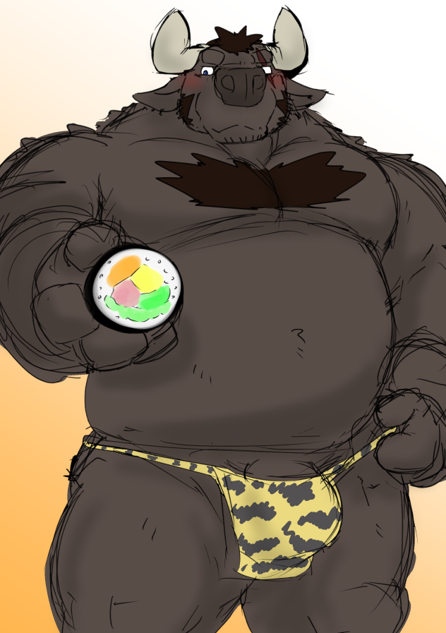 2020 anthro araiguma_11 belly blush bovid bovine brown_body brown_fur bulge cattle clothing food fur genitals kemono male male_only mammal moobs overweight overweight_anthro overweight_male penis scar solo underwear