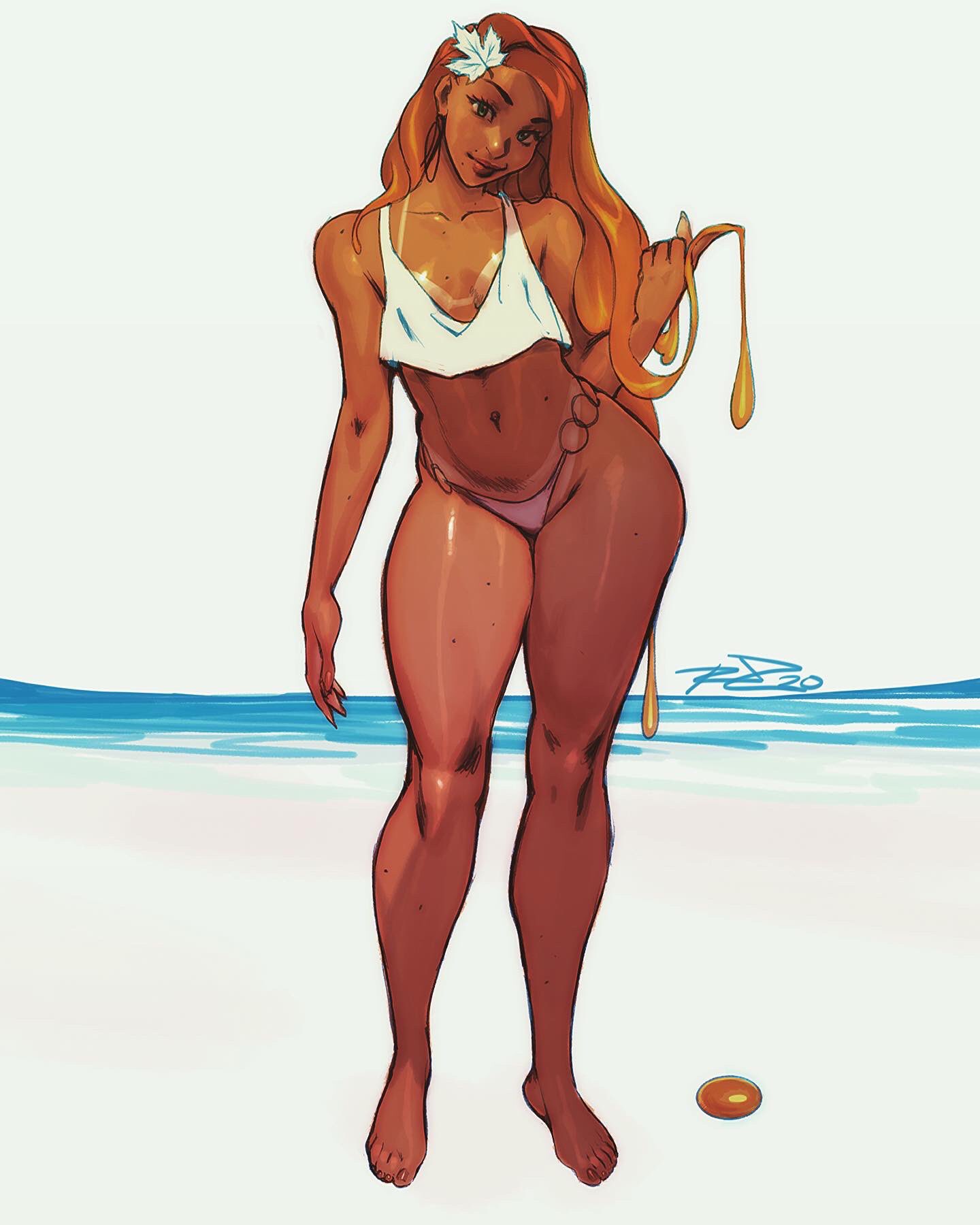 1girls barefoot beach bikini_tan breasts brown_hair contrapposto crop_top dark-skinned_female dark_skin female female_only flat_chest hair_ornament human latina leaf_hair_ornament legs lips liquid_hair long_hair long_legs maple_leaf mole mole_above_mouth mole_under_mouth navel negarobo original robaato solo standing tanline thick_thighs toes wide_hips xarope_(robaato)