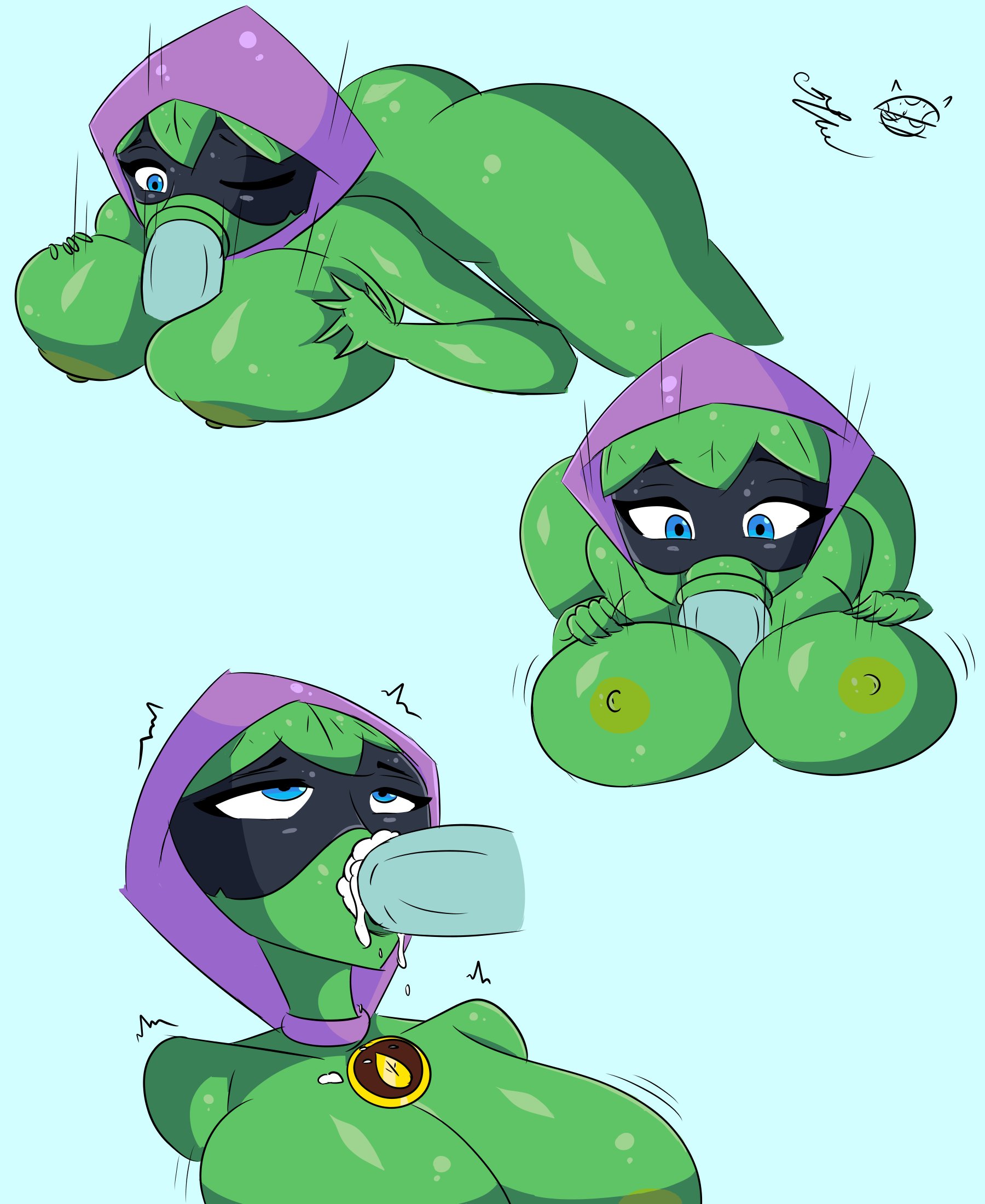 1girls, blue eyes, breasts, cum in mouth, cum on breasts, fellatio, female, green shadow (pvz), green skin, hood, human on plantie, mask, oral, paizuri, peashooter (pvz), plant, plant girl, plantie, plants vs zombies, plants vs zombies: heroes, tr yithaz