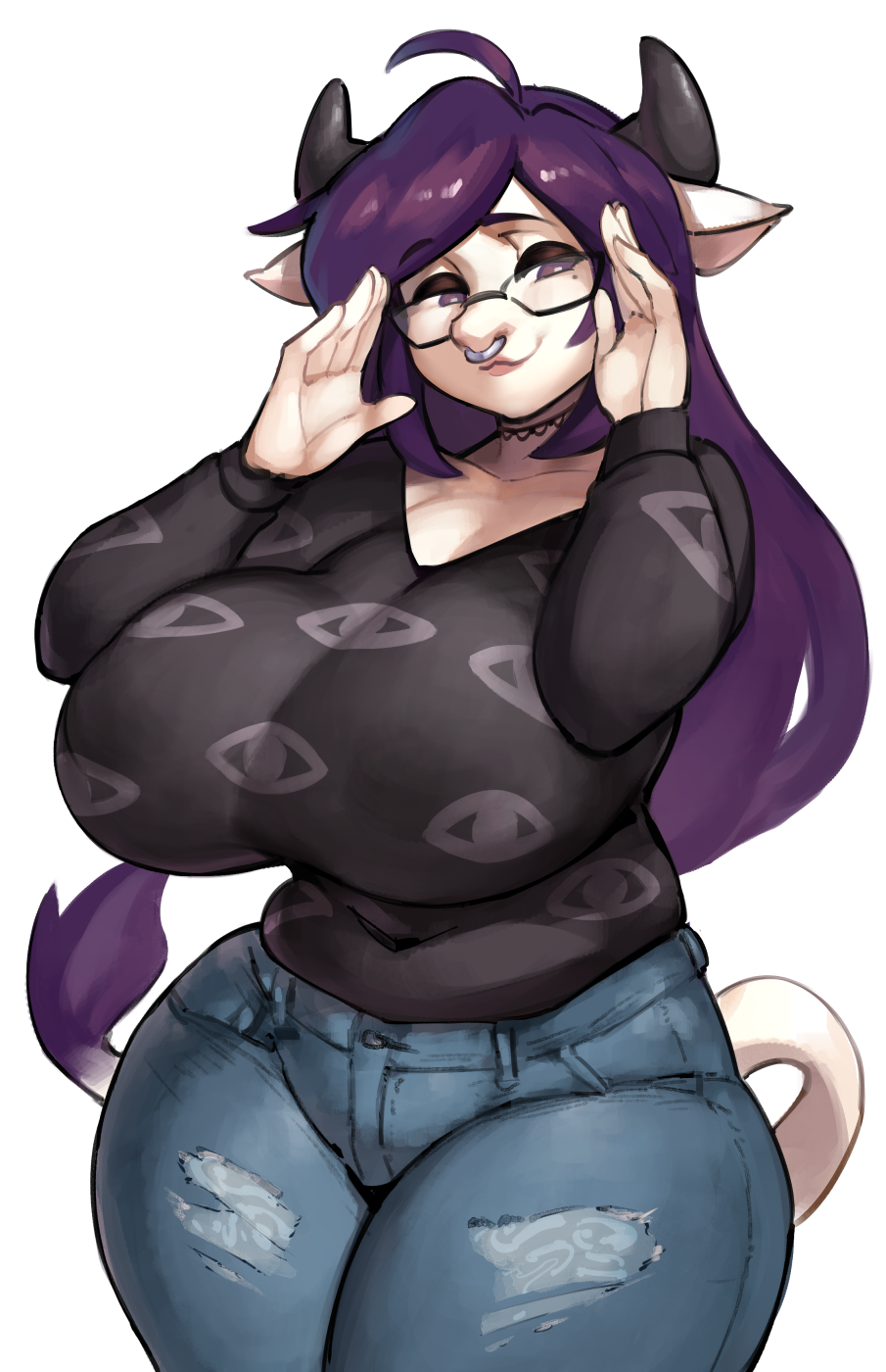 anthro big_breasts bovid bovine clothes cow cow_ears cow_girl cow_horns cow_tail glasses nose_ring purple_eyes purple_hair solo_female tail_tuft thick_thighs white_skin wide_hips zako_(arvinry) zakoko