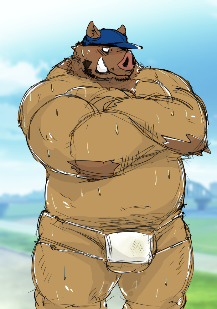 2020 anthro araiguma_11 balls belly blush bodily_fluids brown_body brown_fur clothing facemask fur genitals hat headgear headwear kemono male male_only mammal overweight overweight_anthro overweight_male solo suid suina sus_(pig) sweat wild_boar