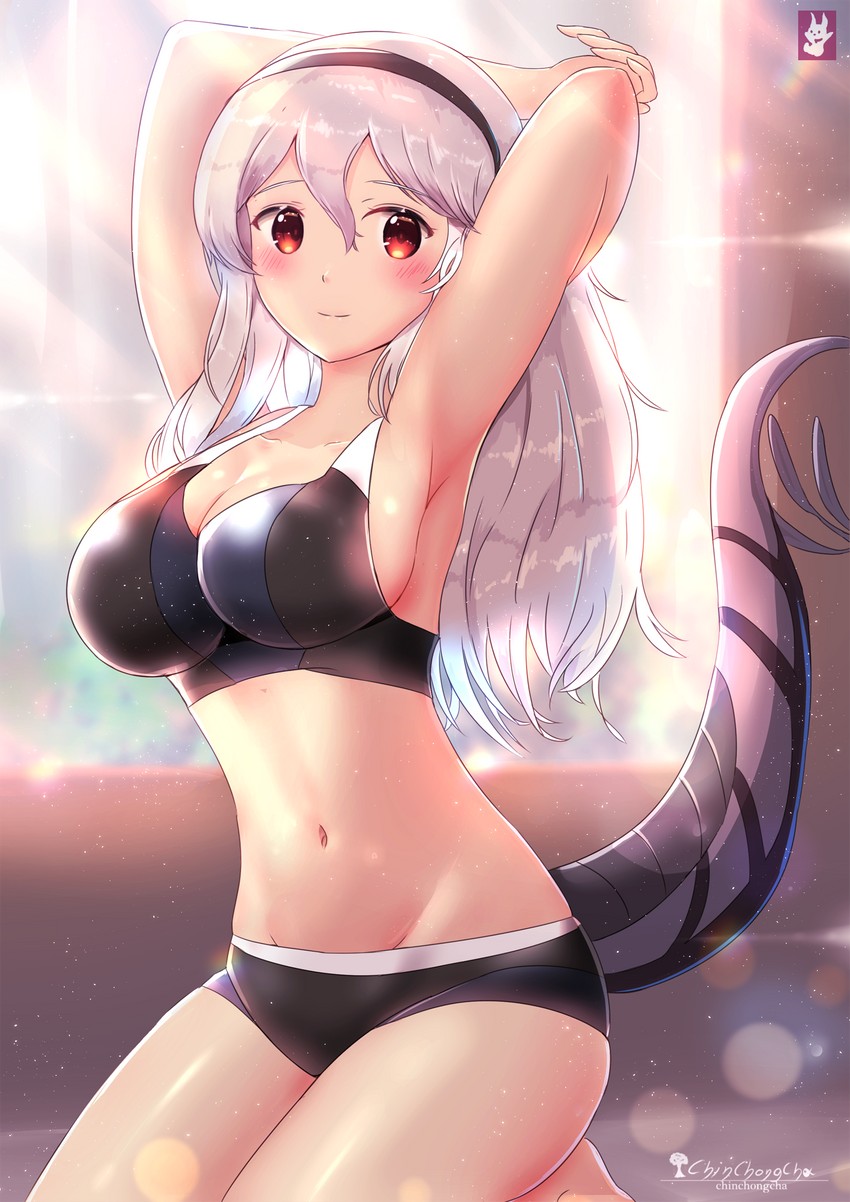 armpits, arms up, artist logo, artist name, bad id, bad pixiv id, bare legs, barefoot, black bra, black panties, blush, bra, breasts, chinchongcha, cleavage, corrin (fire emblem), corrin (fire emblem) (female), day, dragon tail, female, female protagonist, fire emblem, fire emblem fates, hair between eyes, hairband, highres, indoors, kneeling, large breasts, lens flare, light particles, long hair, looking at viewer, navel, nintendo, panties, red eyes, signature, silver hair, smile, solo, sports bra, sunlight, tail, thighs, underwear, underwear only