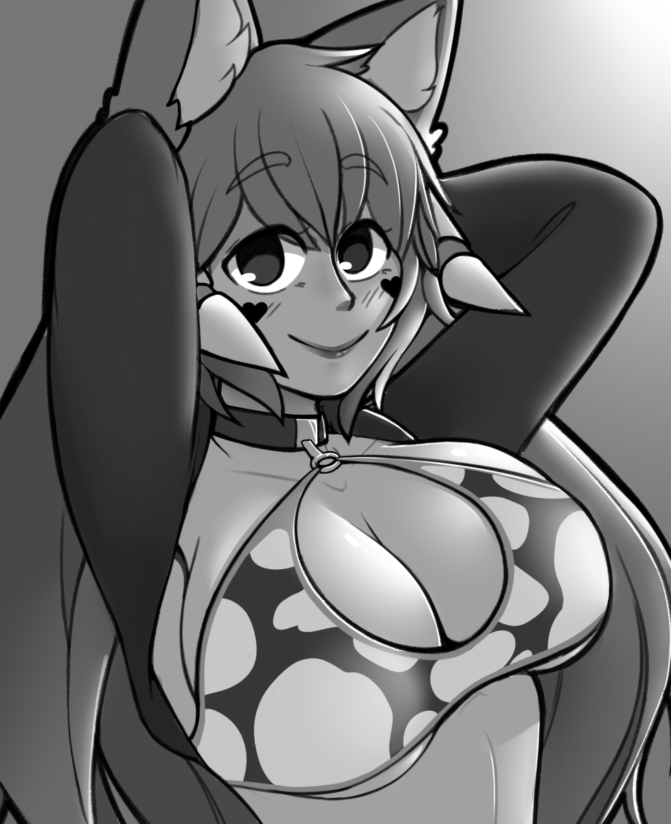 animal_ears arms_behind_head bikini bikini_top black_and_white blush breasts cleavage cow_print cow_print_bikini demon demon_girl fox_ears fox_girl glubbable heart horns huge_breasts indie_virtual_youtuber koportable large_breasts solo solo_female solo_focus succubus underboob virtual_youtuber vrchat