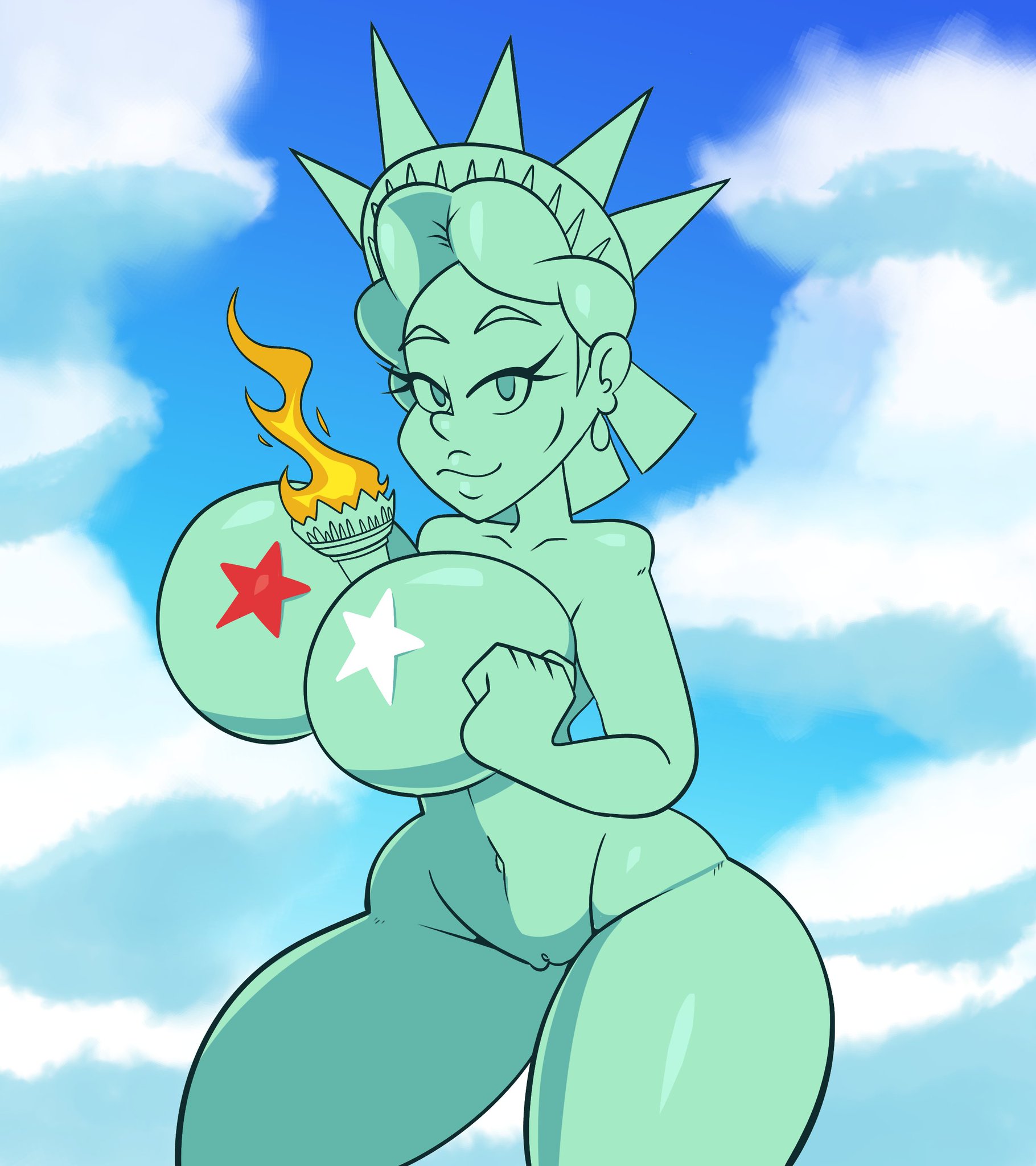 1girls, 5 fingers, ass, bare shoulders, bedroom eyes, belly, belly button, between breasts, big ass, big breasts, big butt, breast press, breast squeeze, breasts, cleavage, completely nude, curvy, eyebrows, eyelashes, featureless breasts, female, female only, half-closed eyes, huge ass, huge breasts, huge butt, humanoid, large ass, large breasts, large butt, looking at viewer, monamania, naked, navel, no nipples, nude, nude female, nudity, pussy, seductive, seductive eyes, seductive look, seductive smile, smile, smiling, smiling at viewer, solo, solo female, statue, statue of liberty, sweetdandy
