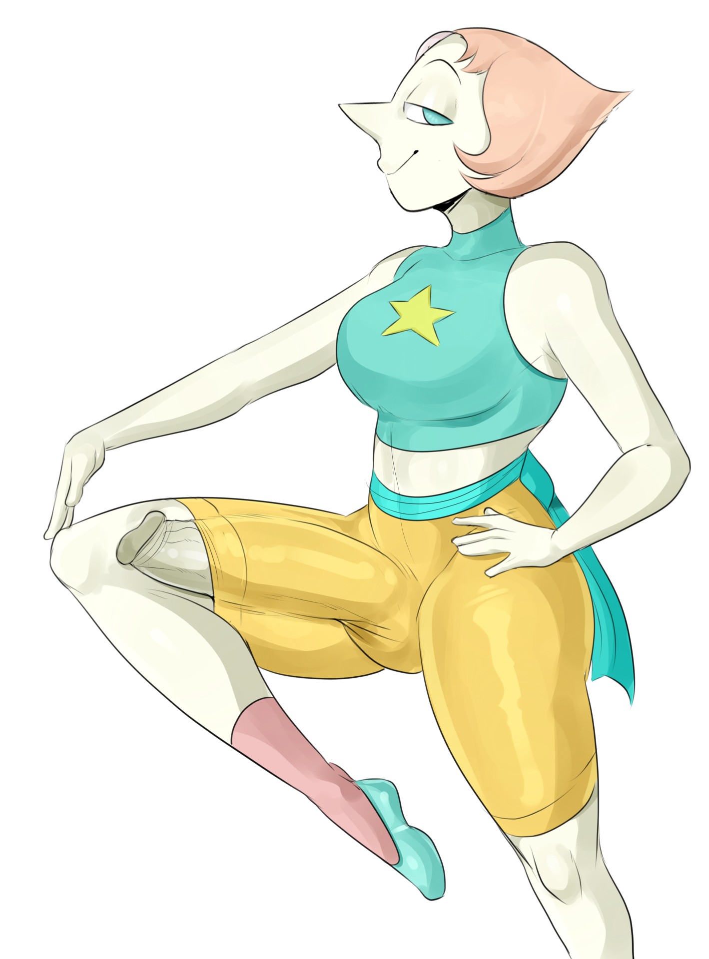 1futa, breasts, bulge, clothing, detnox, erection under clothes, futa only, futanari, humanoid, intersex, large penis, pearl (steven universe), penis, penis bulge, penis peek, penis under clothes, smile, smug, solo, solo futa, spats, steven universe, strawberry blonde hair