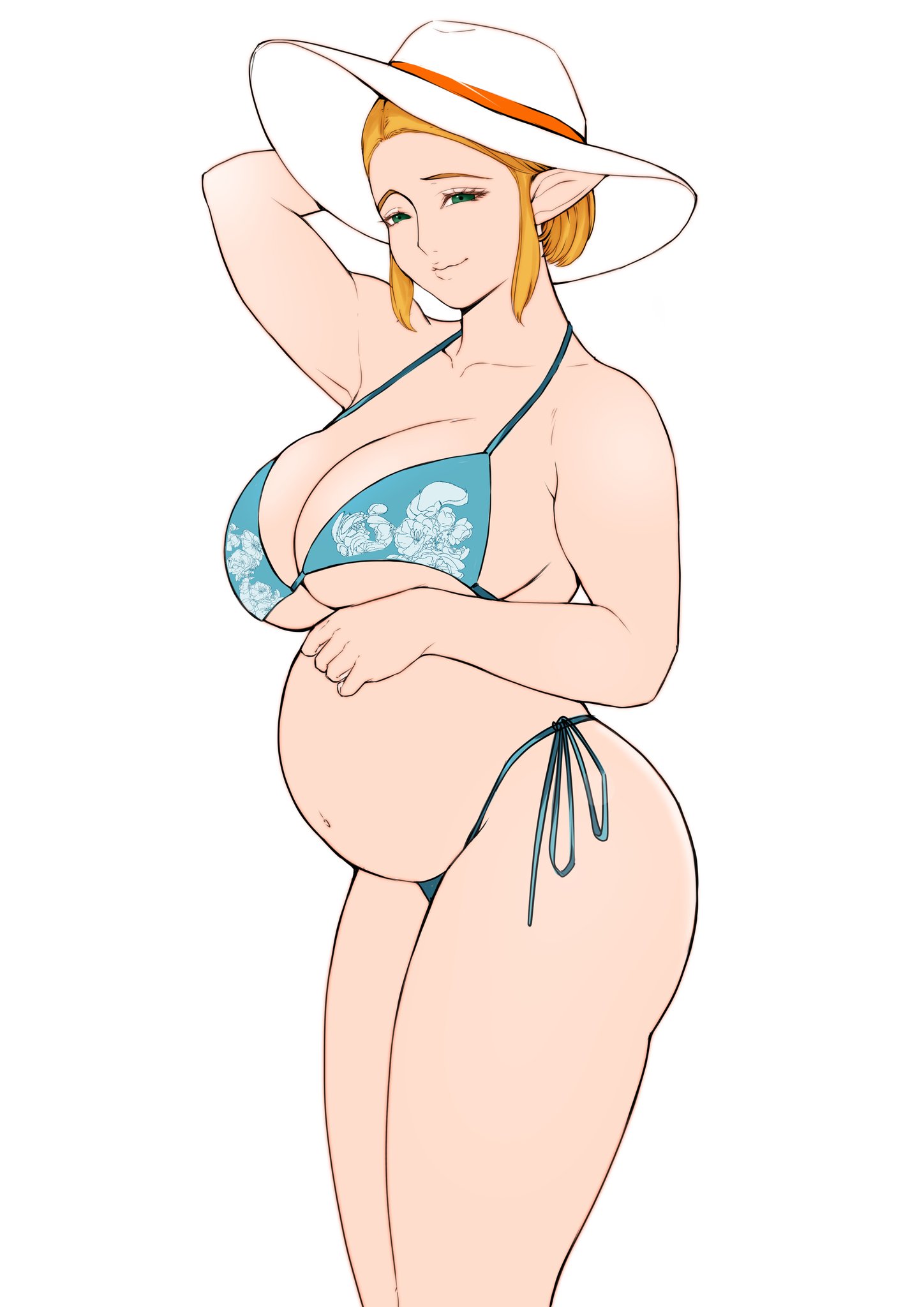 big breasts, bikini, blonde hair, breasts, breath of the wild, female, female focus, female only, green eyes, jnsdh, nintendo, pregnant, princess zelda, solo, solo female, solo focus, tears of the kingdom, the legend of zelda, zelda (tears of the kingdom)