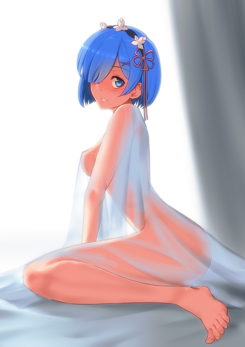 1girls barefoot blue_eyes blue_hair blush breasts covering feet female female_only hair_ornament hair_over_one_eye kneeling looking_at_viewer nude re:zero_kara_hajimeru_isekai_seikatsu rem_(re:zero) seductive see-through short_hair side_view sideboob smile solo toenails toes yamauchi_(conan-comy)