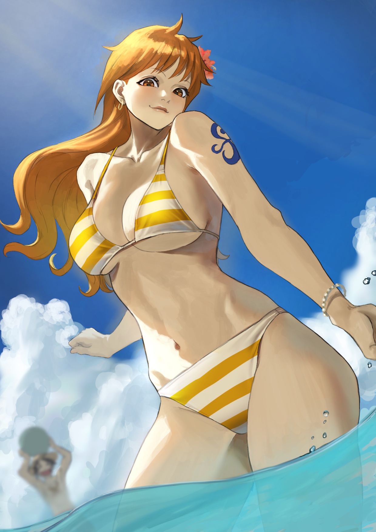 1boy, 1girls, beach ball, big breasts, bikini, bikini bottom, blue sky, breasts, brown eyes, character in background, cleavage, clouds, curvy, female, female focus, flower in hair, long hair, looking at viewer, male, monkey d luffy, nami (one piece), one piece, orange hair, post-timeskip, sea, shoulder tattoo, sky, solo focus, standing in water, striped bikini, tao xingzi, tattoo, underboob, water