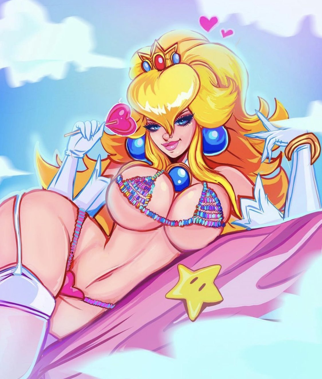 big_earrings bikini blonde_hair blue_earrings blue_eyes candy candy_bikini crown garter_belt garter_straps laying_on_bed lollipop long_hair mario_(series) princess_peach seductive_look slim_waist super_mario_bros. theartofmathew thick_thighs white_gloves white_stockings