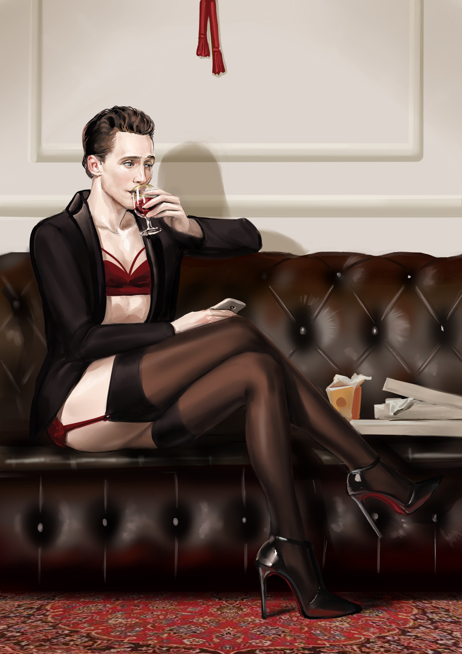 1boy aivelin bra couch_sex crossdressing formal formal_wear garters gay heels high_heels human human_only light-skinned_male light_skin loki_(marvel) male male_only marvel revealing_clothes rule_63 stockings thor_(series) tom_hiddleston wine