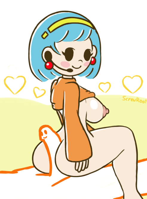 1boy, 1girls, 2017, amelia n., areola, areolae, ass, big ass, big breasts, blue hair, breasts, clothes, clothing, earrings, erection, female, headset, heart, hot dogging, looking at viewer, looking back, lowres, male, mob face, nintendo, outercourse, partial male, penis, screwroot, shirt lift, shirt up, short hair, simple background, smile, straight, sweater, thick thighs