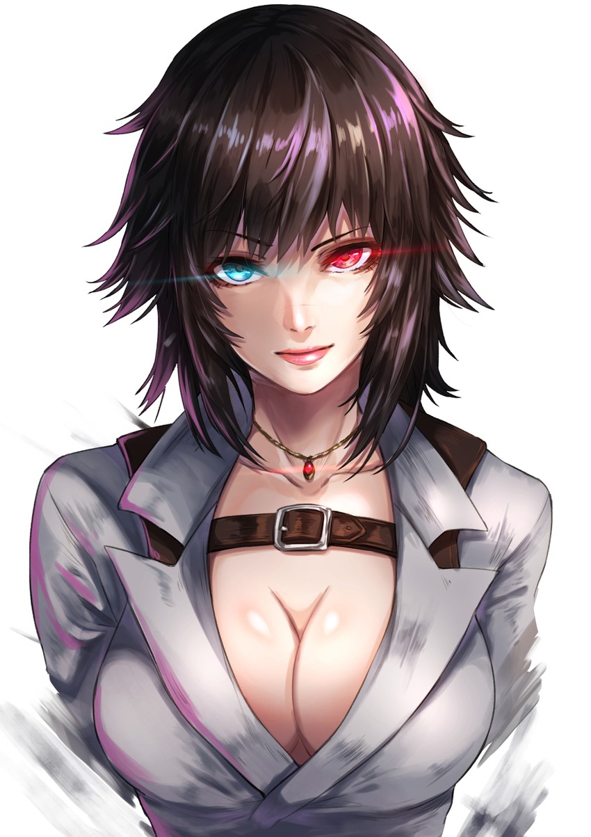 1girls absurdres bangs belt_buckle black_hair blue_eyes breasts buckle cleavage closed_mouth collarbone devil_may_cry devil_may_cry_4 facial_scar female glowing glowing_eyes heterochromia highres lady_(devil_may_cry) large_breasts looking_at_viewer medium_hair necklace nose_scar pink_lips re_(re_09) red_eyes scar simple_background solo solo_female upper_body white_background