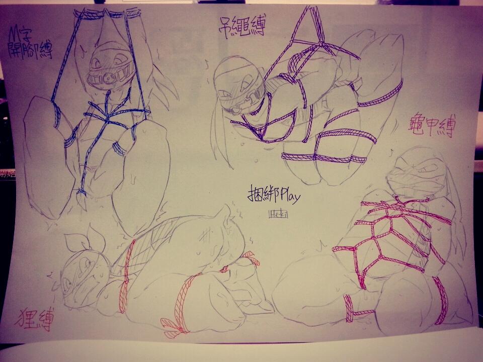 anthro bondage donatello donatello_(tmnt) gag heki_(artist) leonardo leonardo_(tmnt) male male_only michelangelo michelangelo_(tmnt) non-human raphael raphael_(tmnt) scalie shibari teenage_mutant_ninja_turtles teenage_mutant_ninja_turtles_(2012) tmnt tmnt_2012 traditional_art traditional_drawing_(artwork) turtle