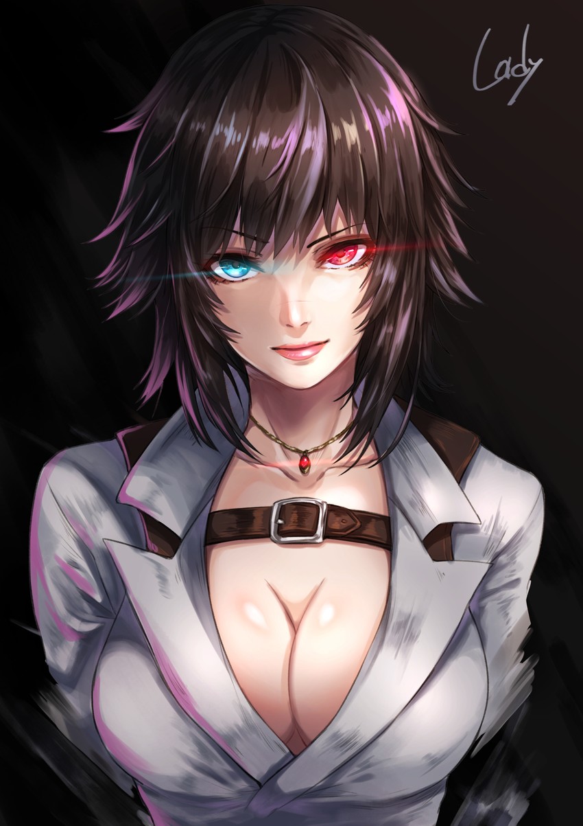 absurdres, bangs, belt buckle, black hair, blue eyes, breasts, buckle, cleavage, closed mouth, collarbone, commentary request, devil may cry, devil may cry (series), devil may cry 4, facial scar, female, glowing, glowing eyes, heterochromia, highres, lady (devil may cry), large breasts, looking at viewer, medium hair, nose scar, pink lips, re (re 09), red eyes, scar, simple background, solo, upper body