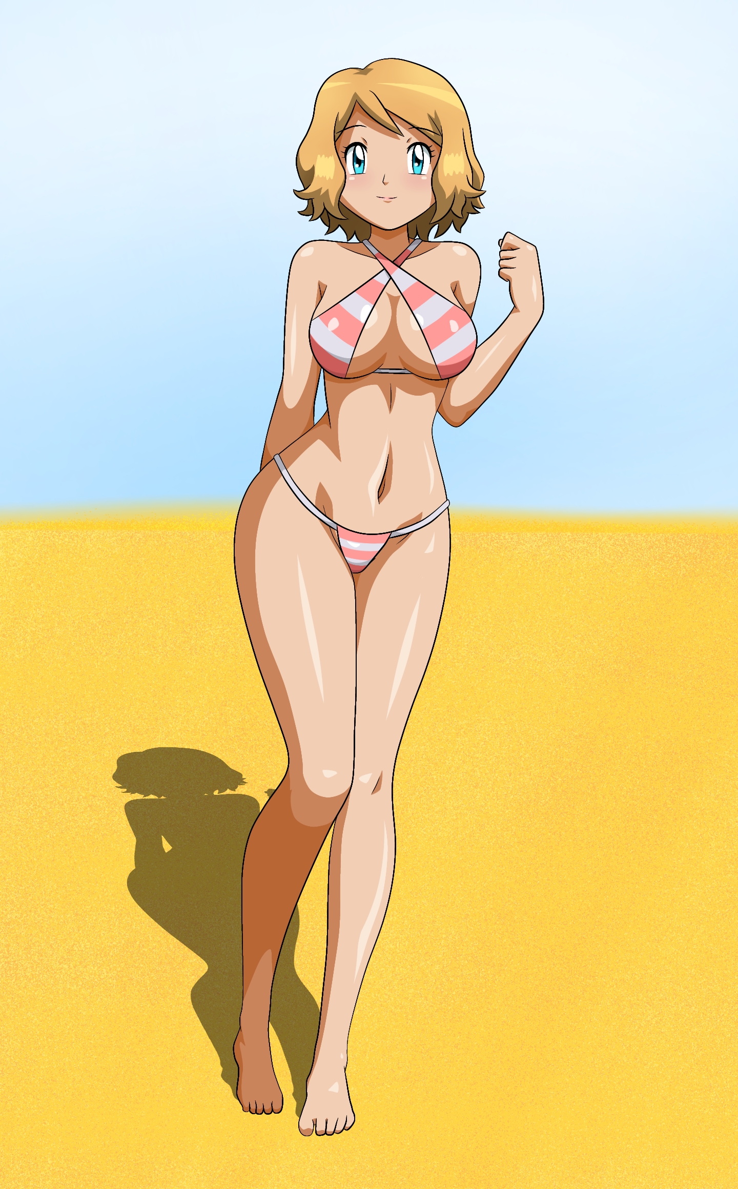 1girls, abs, aged up, alternate breast size, armpits, beach, bikini, blue eyes, blush, breasts, cleavage, day, eye contact, feet, female, female only, flat belly, full body, honey blonde hair, human, large breasts, long legs, looking at viewer, pokemon, pokemon xy, redraw, saikomenescreft, sand, serena (pokemon), shoulders, sky, solo, standing, swimsuit, thick thighs, thin waist, toes, wide hips