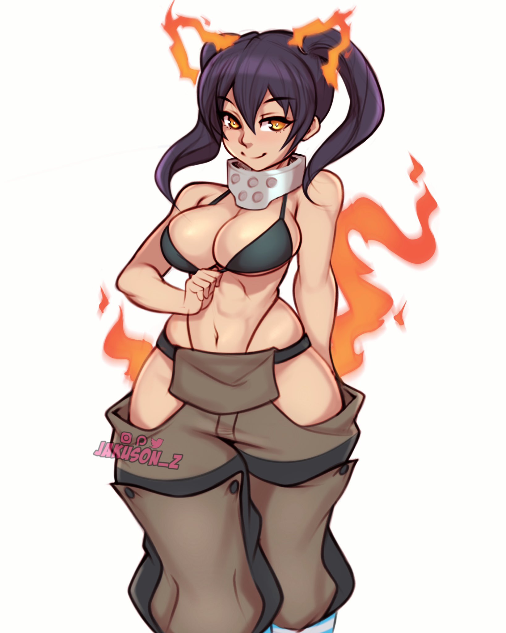 1girls, 2020, animal ears, big breasts, bra, breasts, cat ears, enen no shouboutai, female, fire force, jakuson z, kotatsu tamaki, light skin, light-skinned female, pale skin, pale-skinned female, thong, twintails, white background, wide hips, yellow eyes