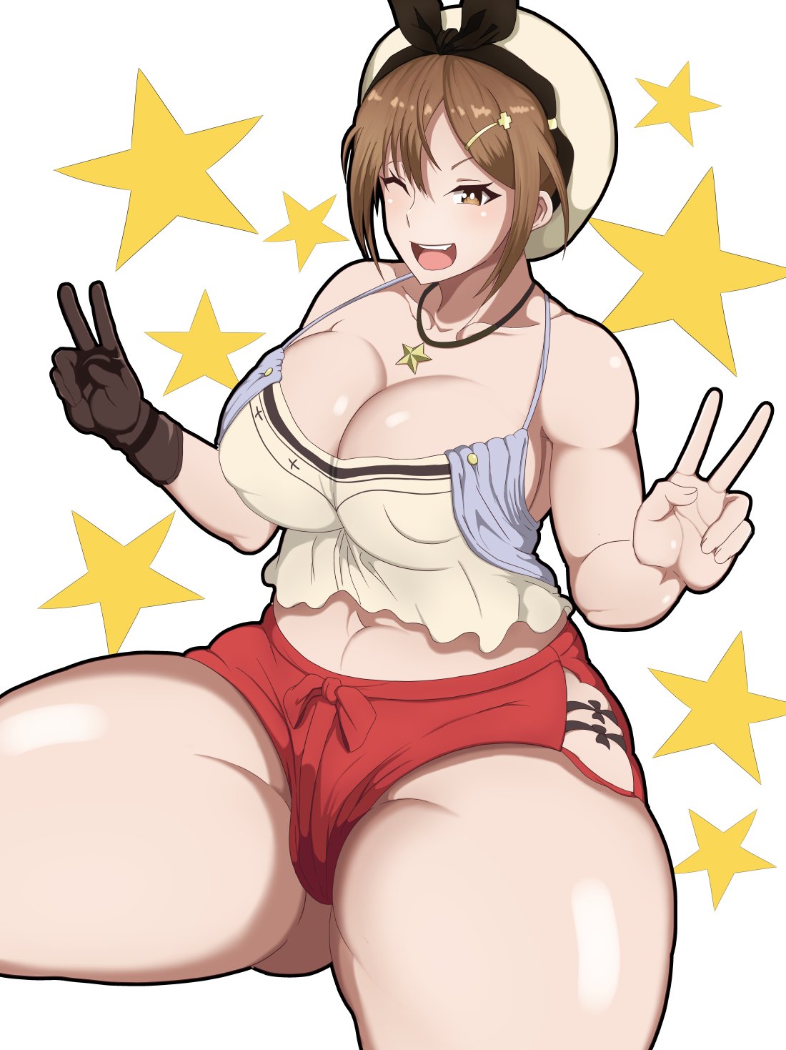 1girls, atelier (series), atelier ryza, big breasts, breasts, brown eyes, brown hair, female, gloves, hat, huge thighs, light skin, light-skinned female, one eye closed, oryuto, pale skin, pale-skinned female, reisalin stout, shorts, thick thighs, tight clothing, voluptuous, wide hips, wink