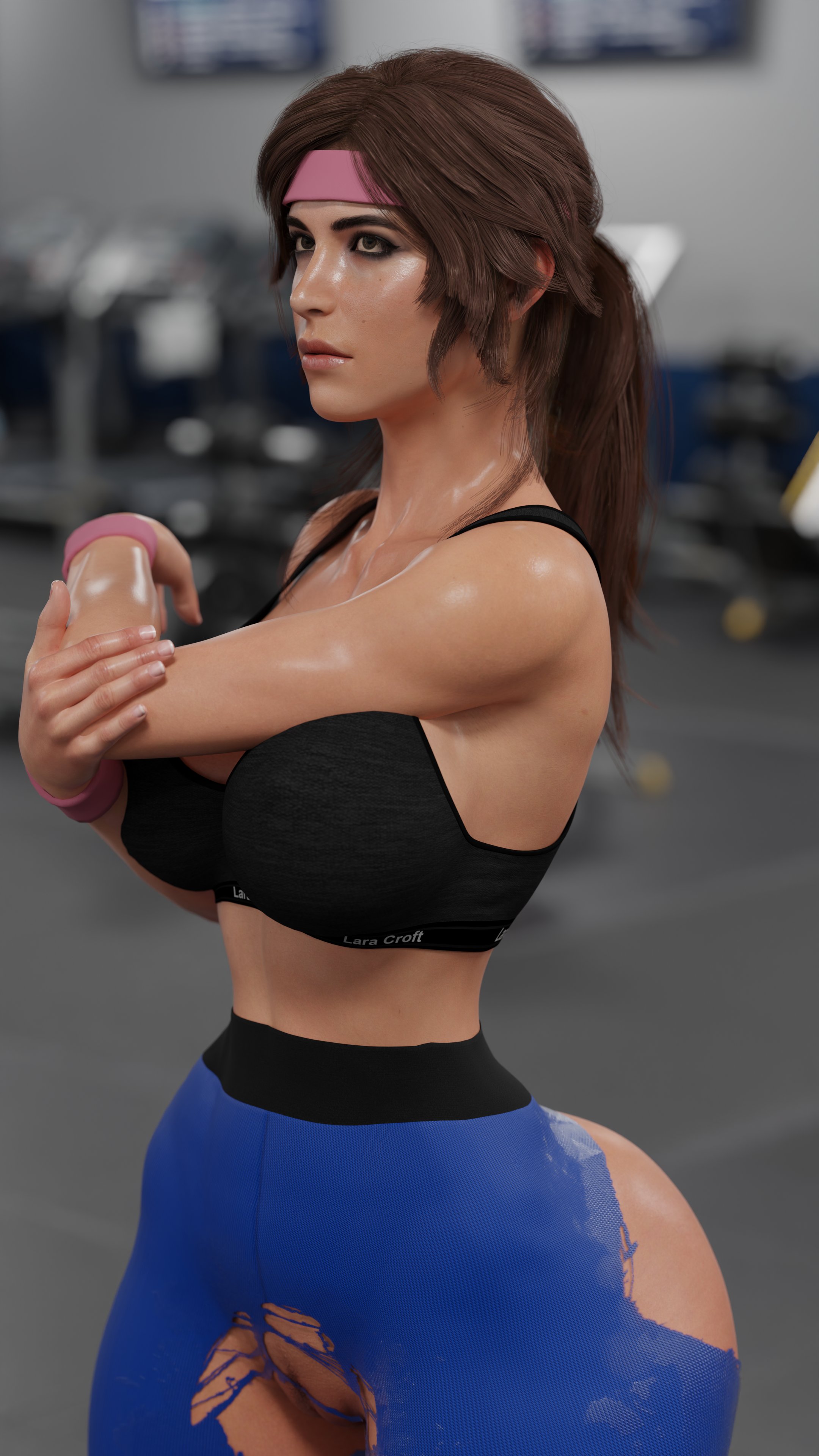 1girls, 3d, 3d (artwork), big ass, big breasts, black eyeliner, breasts, brown eyes, brown hair, eyeliner, fat ass, female, female only, glossy skin, gym, gym clothes, hourglass figure, lara croft, lara croft (survivor), leggings, ponytail, pussy, r3xstone, ripped crotch area, ripped leggings, sweatband, tiny waist, tomb raider, tomb raider (survivor)