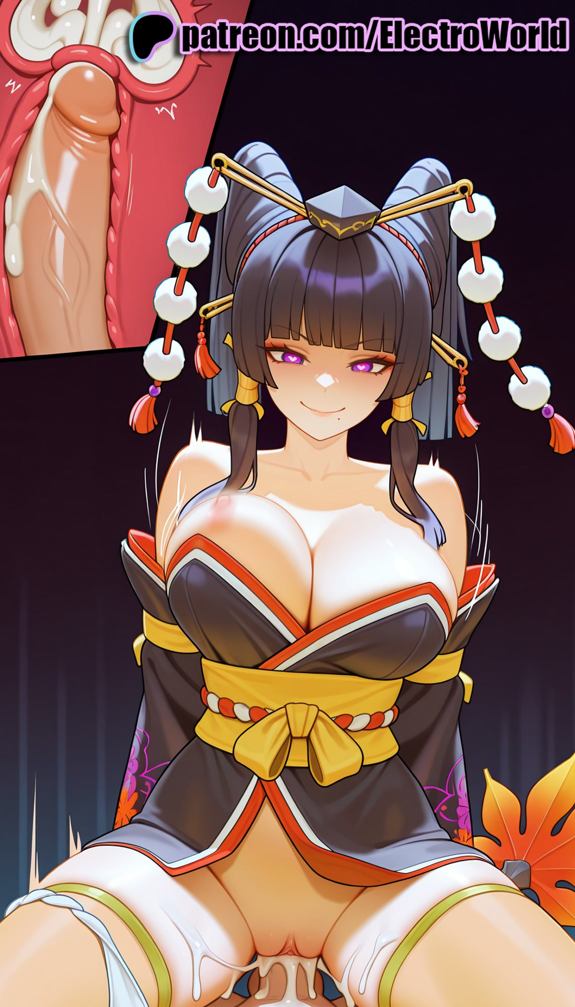 1boy, 1girls, 2025, ai generated, artist name, bangs, bar censor, bare shoulders, black kimono, blunt bangs, breasts, bust, cervix, chest, clitoral hood, clitoris, clothed sex, cock, cowgirl position, cross section, cum, cum in pussy, dead or alive, deep penetration, dick, disembodied penis, ejaculation, electroworld, exposed pussy, female, female on top, fucking, hair ornament, hi res, high quality, high resolution, highres, intercourse, internal cumshot, japanese clothes, juicy pussy, legs apart, legs spread, love making, male, nyotengu, off shoulder, open legs, orgasm, overflow, patreon, patreon username, penetration, penis, purple eyes, pussy, riding, sex, sexual intercourse, smile, solo focus, splayed legs, spread legs, stable diffusion, straddling, straight, tight pussy, uncensored, underwear, uterus, vagina, vaginal penetration, watermark, x-ray
