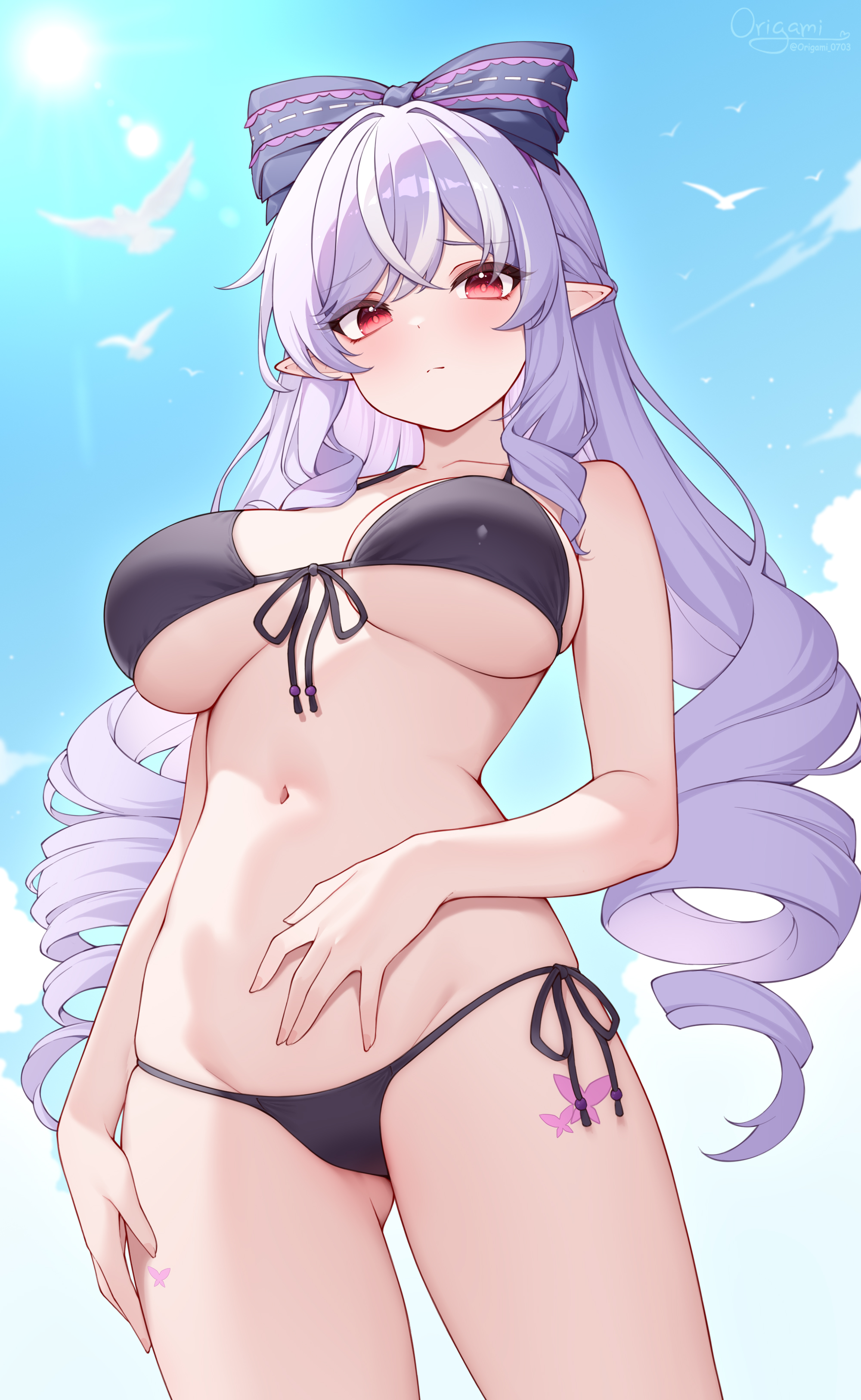 1girls, big breasts, bikini, black bikini, breasts, elf ears, exposed breasts, female, hoyoverse, long hair, mihoyo, purple eyes, red eyes, ribbons, vivian (zenless zone zero), vivian banshee, zenless zone zero