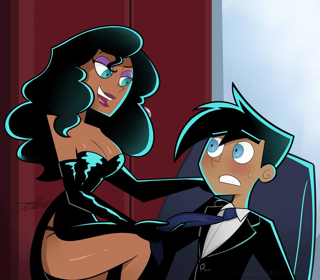 1boy, 1girls, big breasts, black hair, blue eyes, breasts, bust, busty, cartoonfreakshow, chest, cleavage, danny fenton, danny phantom, dress, female, gloves, hips, latina, legs, lips, lipstick, long gloves, long hair, looking at each other, looking down, looking up, lower body, male, mouth, mouth open, nickelodeon, open mouth, paulina sanchez, seductive, short hair, signature, straight, suit, sweat, teeth, thick legs, thick thighs, thighs, tie, tongue, upper body, voluptuous, waist, wide hips