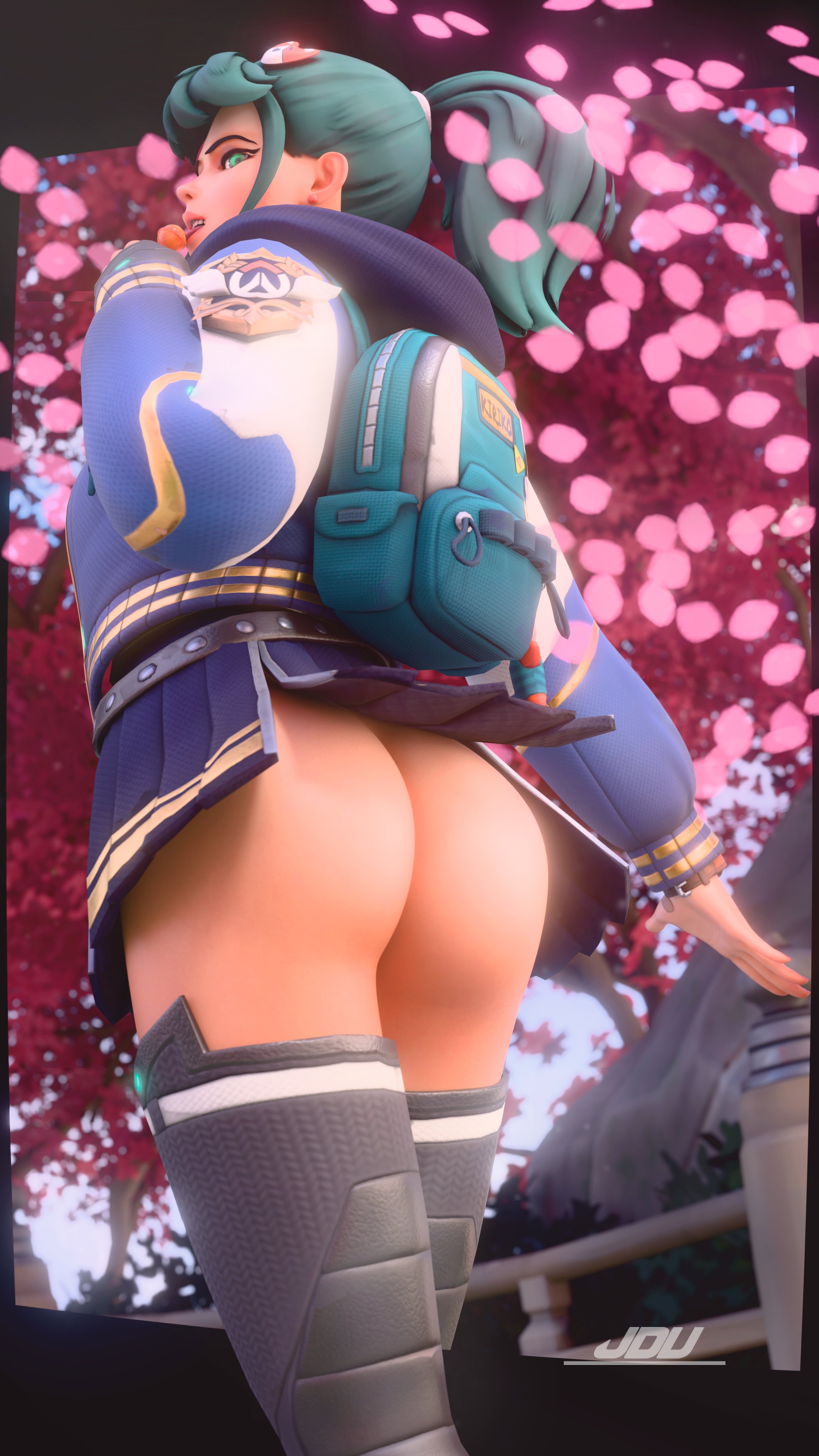 3d, 3d (artwork), activision, ass, ass focus, blizzard entertainment, butt, butt focus, jdv, kiriko (overwatch), kiriko kamori, lollipop, looking back, outside, overwatch, overwatch 2, overwatch league, presenting ass, school uniform, schoolgirl, sophomore kamori