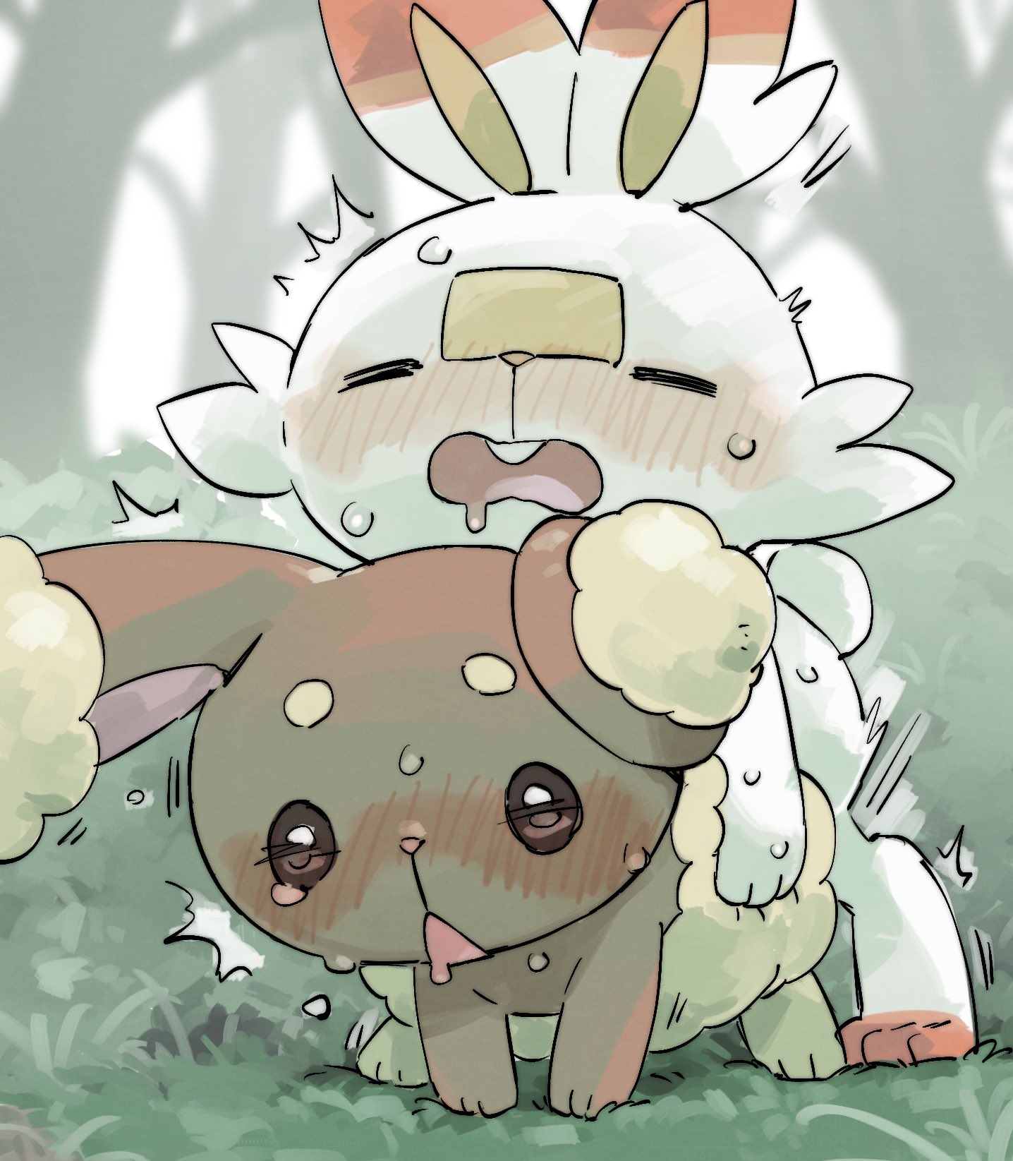 @ @, ^^^, = =, 1boy, 1girls, all fours, animal ears, animal feet, animal focus, animal nose, anthro, blush, body fur, brown eyes, brown fur, buck teeth, buneary, bush, closed eyes, day, doggy style, drooling, female, forest, furry, furry female, furry male, furry with furry, grass, interspecies, kurimo jinguy, male, mouth drool, nature, no humans, nose blush, open mouth, outdoors, pokemon, pokemon (creature), pokemon (species), rabbit, rabbit boy, rabbit ears, rabbit girl, rabbit tail, saliva, scorbunny, sex, sex from behind, standing, straight, sweat, tail, tears, teeth, tree, trembling, two-tone fur, upper teeth only, white fur, yellow fur