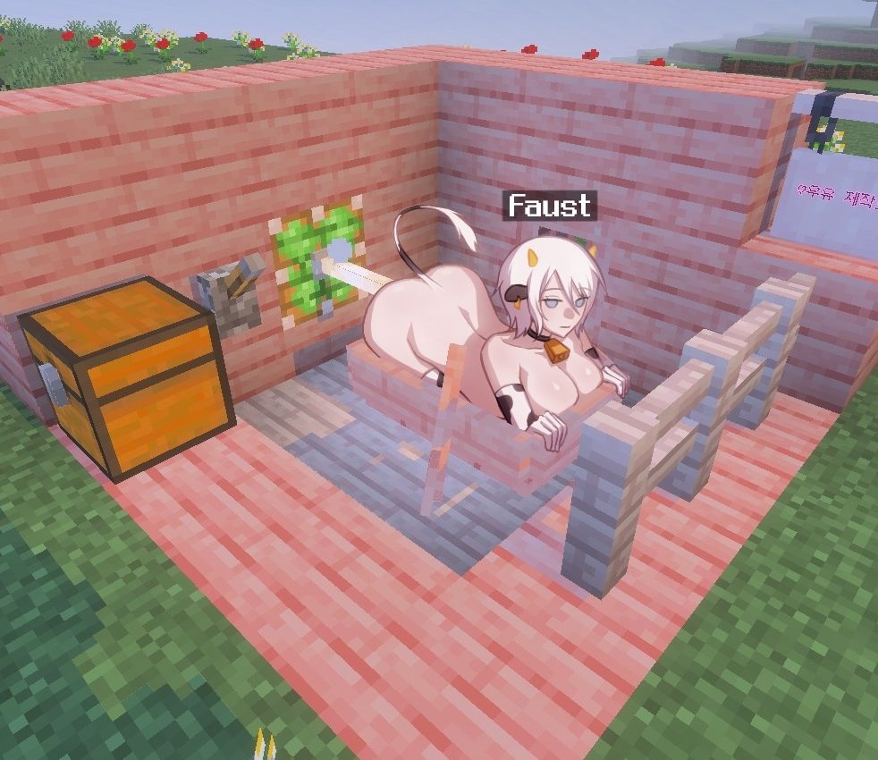 2d, 2d on 3d, 3d, ass, b lapis, big ass, big breasts, blue eyes, bovine, breasts, cow ears, cow girl, cow horns, cow print gloves, cow print thighhighs, cow tail, cowbell, cowgirl, end rod, faust (limbus company), female, fucking machine, gloves, imminent penetration, limbus company, minecraft, minecraft sheep fucker machine, mostly nude, mostly nude female, nude, nude female, piston (minecraft), project moon, sex machine, tail, thighhighs, white hair
