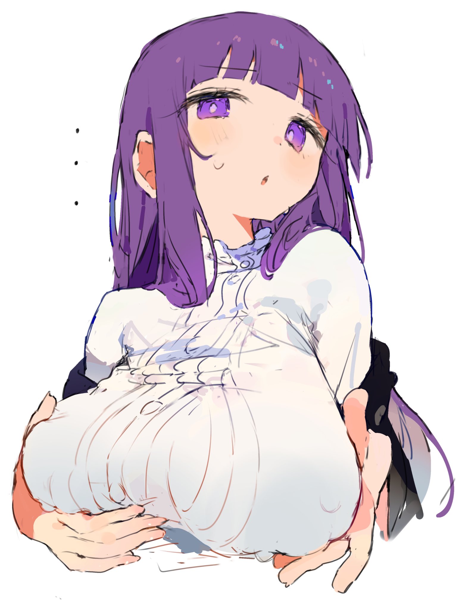 breasts, female, fern (sousou no frieren), fondling, presenting, presenting breasts, purple eyes, purple hair, sousou no frieren