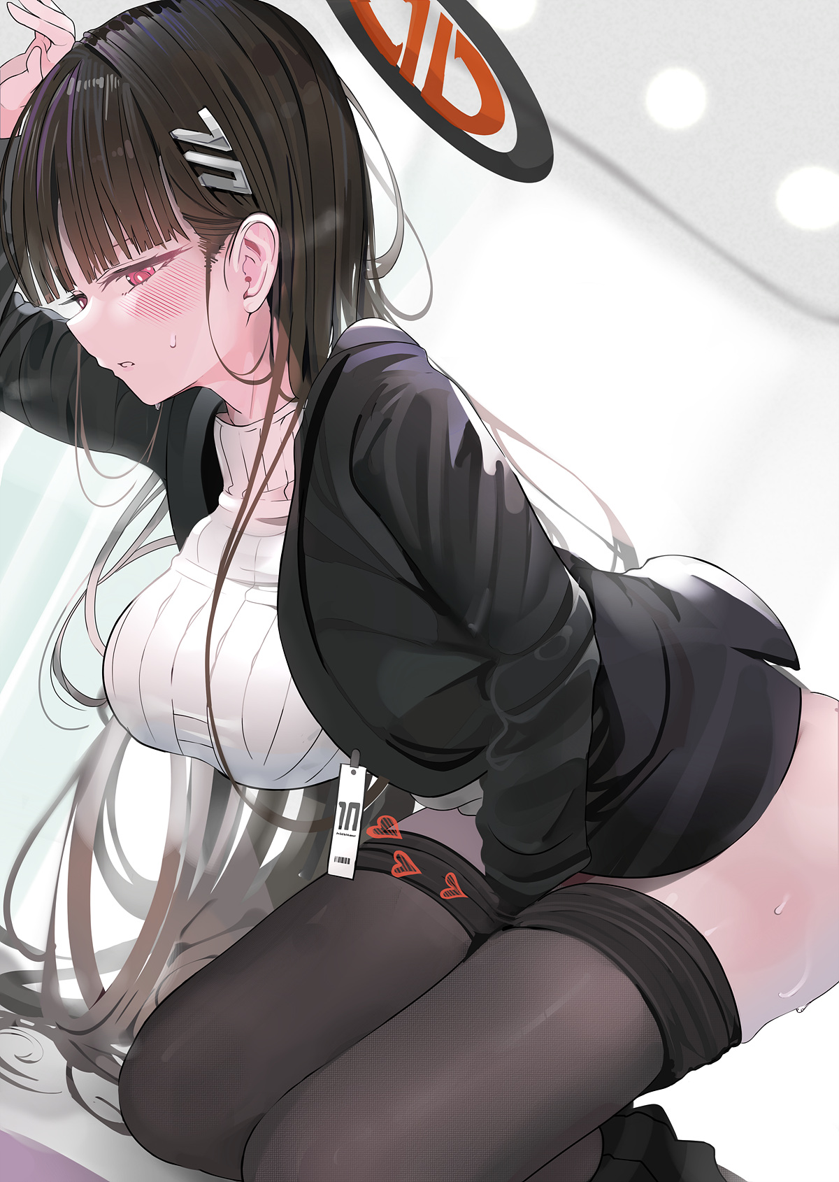 1girls, bangs, black and red halo, black hair, black suit, blue archive, blunt bangs, blush, breasts, bright pupils, clothes pull, female, female focus, female masturbation, female only, fingering, hair behind ear, hair ornament, hair spread out, hairclip, halo, hand between legs, heart, heart symbol, highres, id card, kneeling, large breasts, long hair, masturbation, millennium science school logo (blue archive), millennium science school student, pantyhose, pantyhose pull, red eyes, ribbed sweater, rio (blue archive), solo, solo female, solo focus, suit, sweat, sweater, turtleneck, turtleneck sweater, very long hair, white sweater