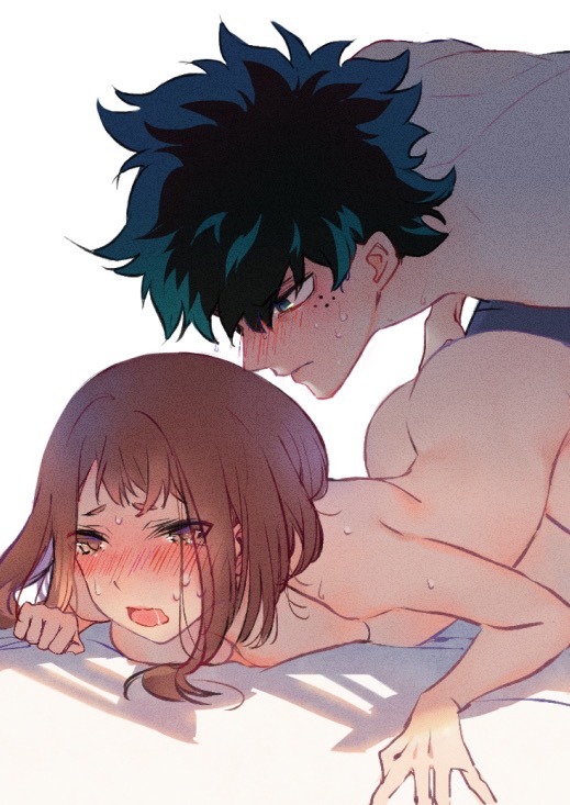 1boy, 1girls, blush, breasts, brown eyes, brown hair, brown-haired female, clothed male nude female, curly hair, female, green eyes, green hair, green-haired male, izuku midoriya, male, messy hair, my hero academia, nude, nude female, ochako uraraka, skiyo, sweat, tears