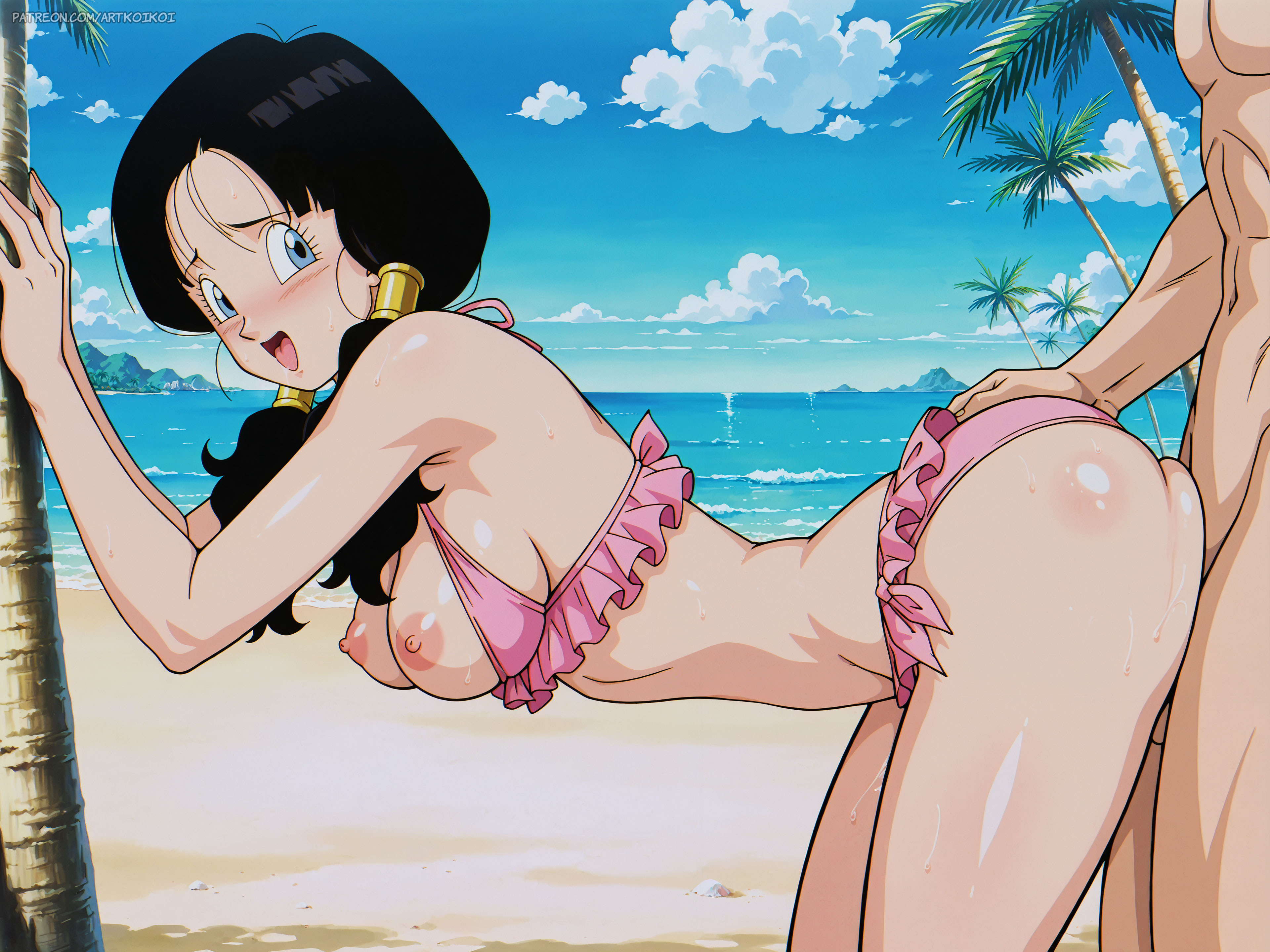 2d, ai generated, artkoikoi, beach, beach background, bikini, black hair, dragon ball, dragon ball z, female, fucking, videl