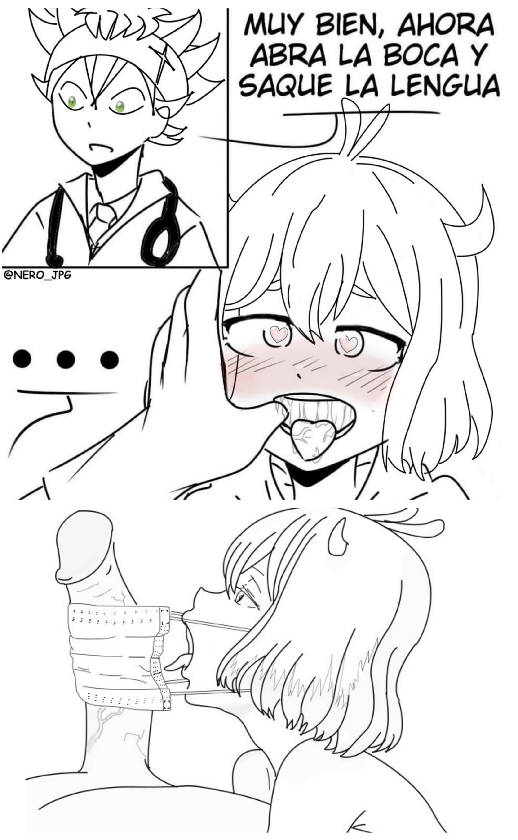 1boy, 1girls, asta (black clover), big penis, black clover, concept art, female, licking, male, mask, medic, nero jpg, penis, secre swallowtail