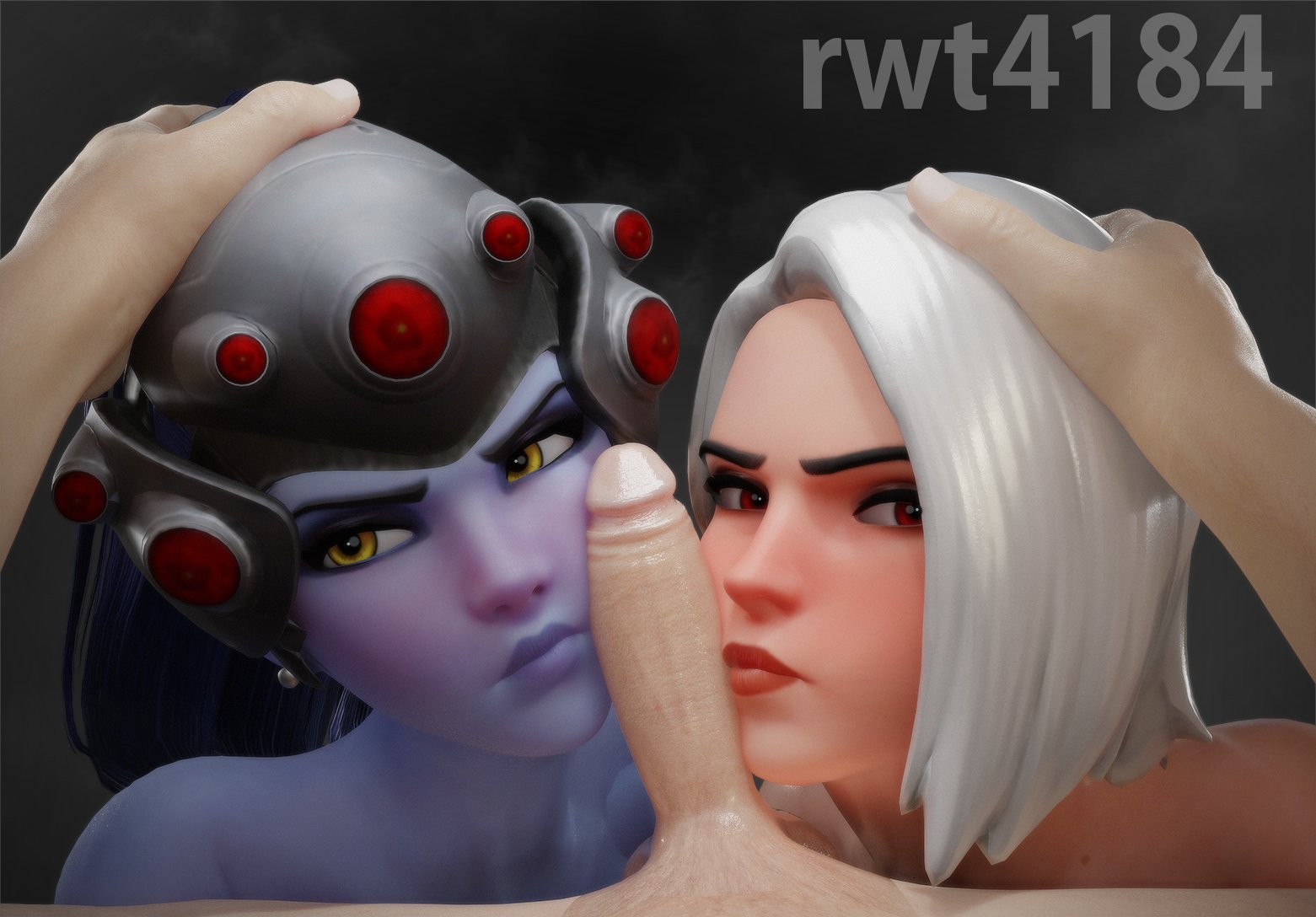 1boy, 2025, 2girls, 3d, 3d model, amelie lacroix, angry, artist name, ashe (overwatch), blizzard entertainment, blowjob, blue hair, blush, elizabeth caledonia ashe, eye contact, female, ffm threesome, group sex, hands on head, hands on heads, head grab, imminent oral, imminent sex, light skin, light-skinned female, light-skinned male, looking at partner, looking at viewer, looking away, male, male pov, male/female, mature, mature female, medium penis, overwatch, overwatch 2, pale skin, pale-skinned male, penis, penis between faces, pov, pov eye contact, purple hair, purple skin, red eyes, red lips, red lipstick, rwt4184, simple background, threesome, video game character, video games, watermark, white hair, widowmaker, yellow eyes