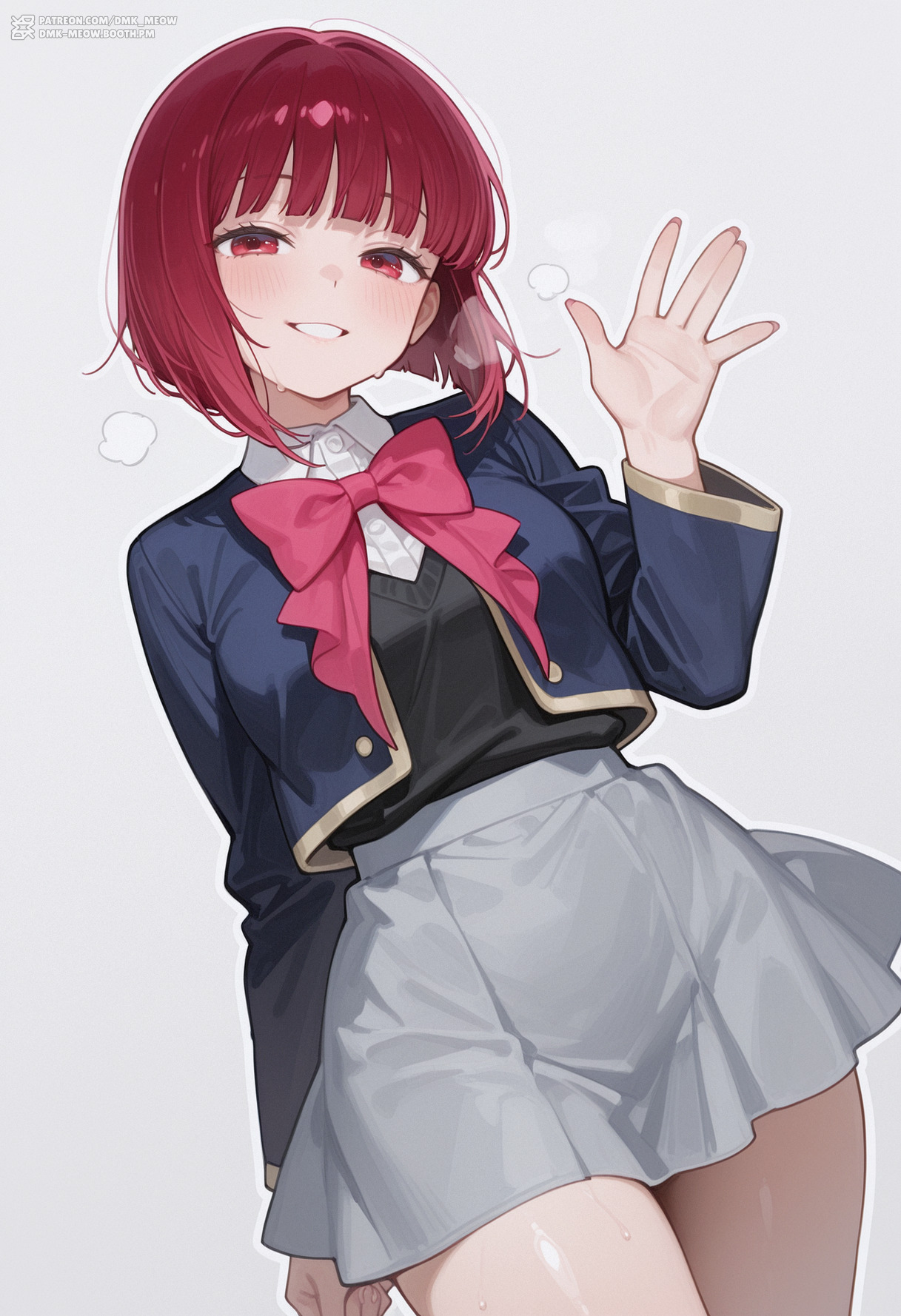 ai generated, arima kana, arm at side, black sweater vest, black vest, blue jacket, blunt bangs, blush, bob cut, bow, bowtie, breasts, clothing, collared shirt, cropped jacket, dmk meow, dress shirt, female, grey skirt, grin, hand up, inverted bob, jacket, long sleeves, looking at viewer, medium breasts, medium hair, open clothes, open jacket, oshi no ko, parted lips, pink bow, pink bowtie, pleated skirt, red eyes, red hair, school uniform, shirt, short hair, skirt, smile, solo, sweat, thighs, uniform, vest, waving, white shirt, youtou high school uniform