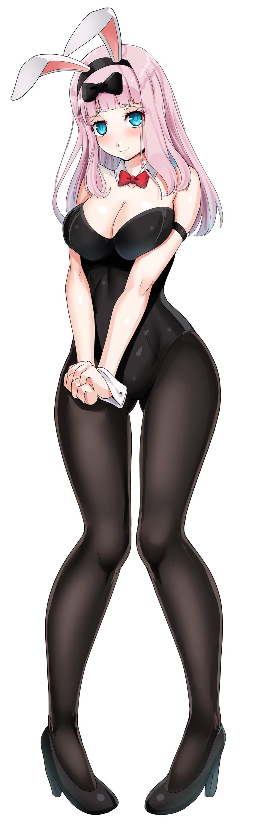 big breasts, blue eyes, breasts, bunny ears, bunny girl, bunnysuit, female, female focus, female only, fujiwara chika, high heels, kaguya-sama wa kokurasetai ~tensai-tachi no renai zunousen~, long hair, nico-mo, pink hair, solo, solo female, solo focus, weekly young jump