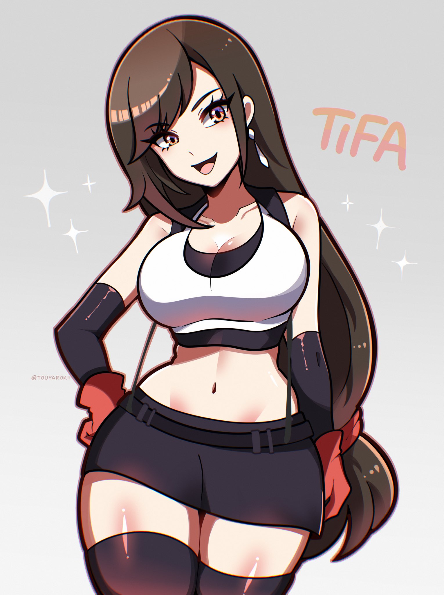 black skirt, breasts, brown hair, character name, collarbone, commentary, crop top, earrings, eyelashes, female, final fantasy, final fantasy vii, gloves, grey background, hand on own hip, highres, jewelry, large breasts, long hair, looking at viewer, low-tied long hair, midriff, miniskirt, navel, open mouth, pencil skirt, red gloves, simple background, skirt, smile, solo, sparkle, square enix, standing, tank top, tifa lockhart, touyarokii, very long hair, white tank top