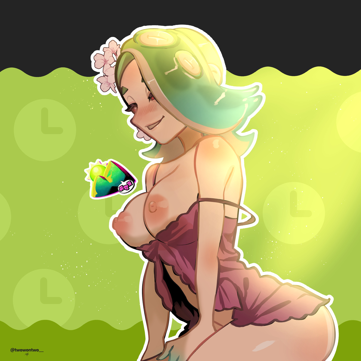 2won2, artist name, blush, breasts, breasts out, breasts out of clothes, closed eyes, female, flower in hair, green, green hair, large breasts, morning, morning vs. afternoon vs. night, nintendo, no panties, octoling, octoling girl, shiver (splatoon), shiver hohojiro, smirk, splatfest, splatoon, splatoon (series), splatoon 3, spring, strap slip, tagme, team morning (splatoon), twowontwo, video games