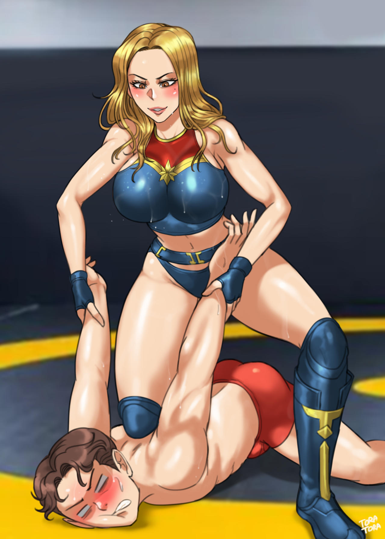 1boy, 1boy1girl, 1girls, ass, avengers, big ass, big breasts, breasts, captain marvel, carol danvers, curvaceous, curvy, curvy figure, digital media (artwork), female, femdom, hips, horny, horny female, hourglass figure, huge ass, large ass, large breasts, light skin, light-skinned female, light-skinned male, male, male/female, marvel, marvel comics, mature, mature female, mature male, peter parker, slim waist, spider-man, spider-man (series), straight, thick, thick hips, thick legs, thick thighs, thighs, tora tora, voluptuous, waist, wide hips, wrestling