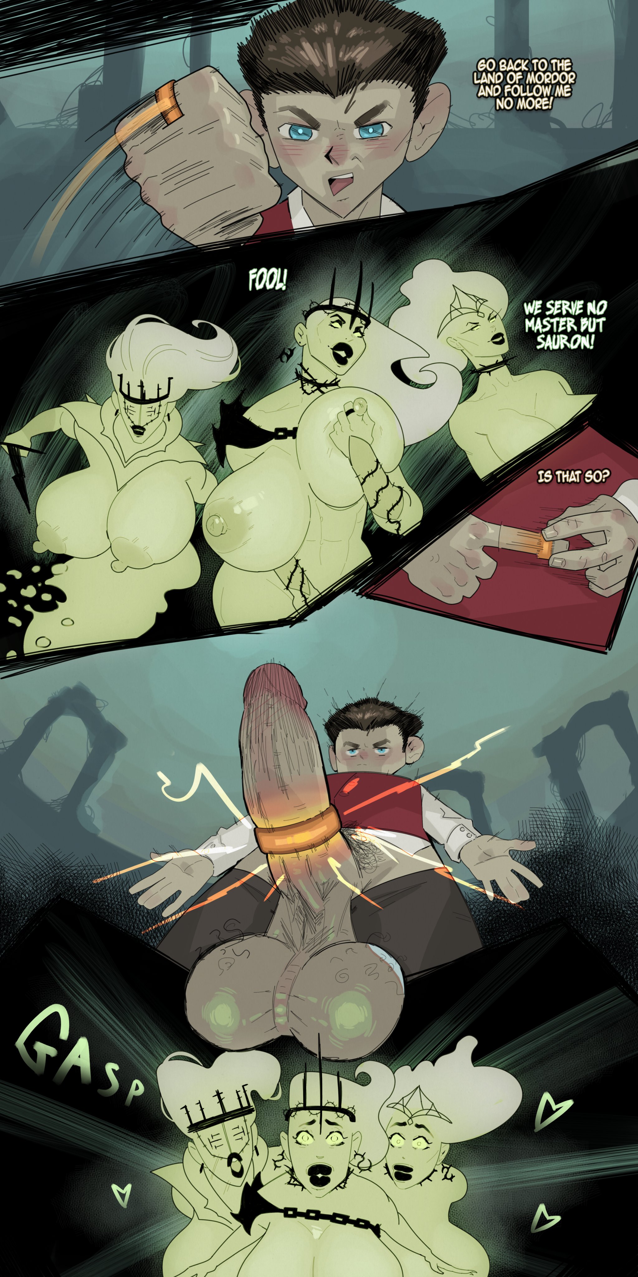 1boy, 2d, 3girls, big breasts, big penis, breasts, comic, dialogue, english text, female, frodo baggins, hobbit, hobbit (lotr), huge breasts, lord of the rings, male, meinfischer, nazgul, nipples, penis, rule 63, text, the one ring