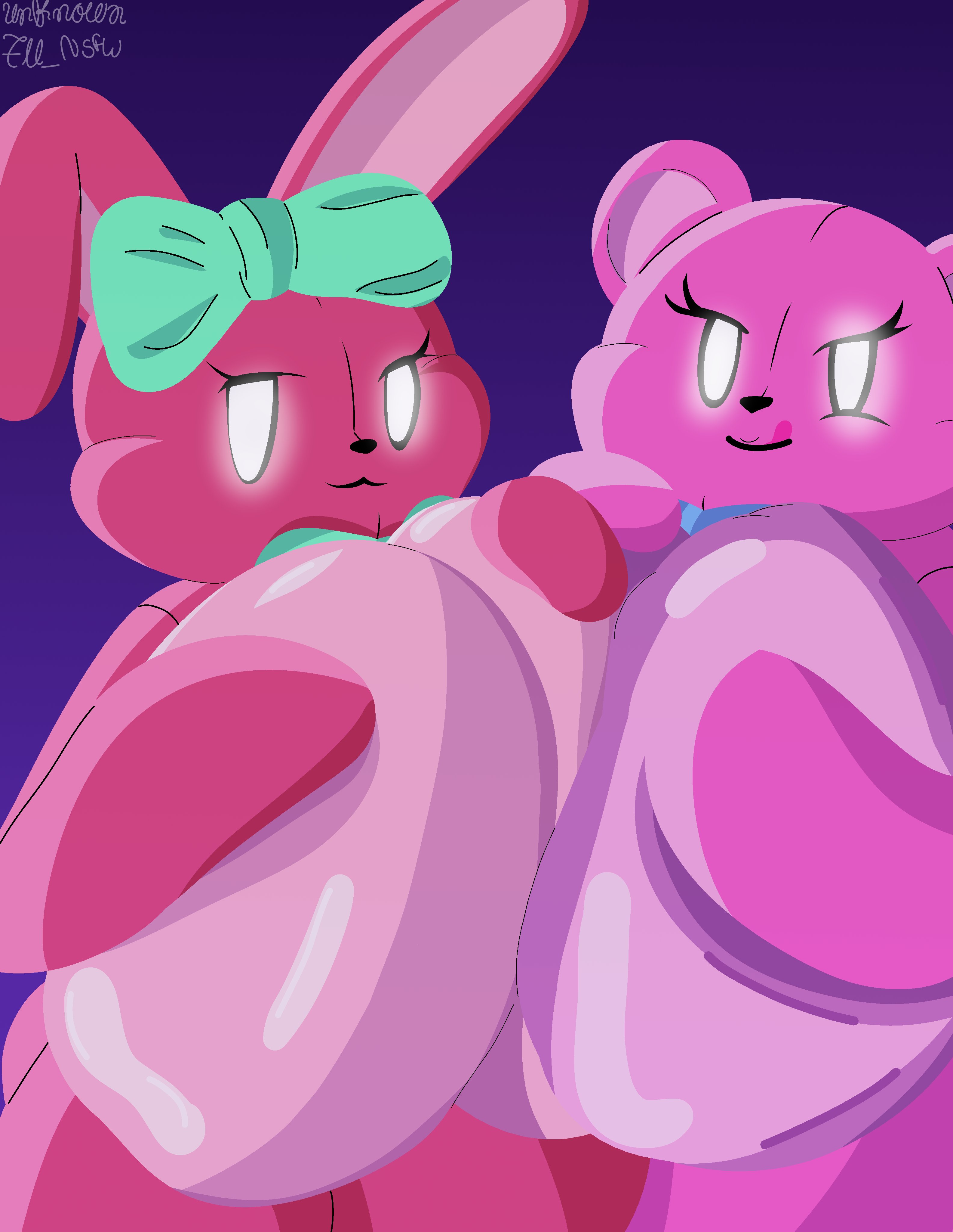 2025, 2girls, absurd res, accessory, animate inanimate, anthro, artist name, bear, bedroom eyes, big breasts, blue bow, bow ribbon, breast squeeze, breast squish, breasts, breasts frottage, breasts pressed against another, breasts pressed against partner, breasts pressed together, cel shading, countershading, digital art, digital drawing (artwork), digital media, digital media (artwork), duo, empty eyes, english text, eyelashes, featureless breasts, female, female/female, furry, glowing, glowing eyes, gradient background, green bow, hair accessory, hair ribbon, hairbow, hi res, hoppi (gremlingrounded), huge breasts, hyper, hyper breasts, lagomorph, lagomorph humanoid, leporid, leporid humanoid, licking, licking lips, living plushie, long ears, looking at viewer, lovedoll toy factory, mammal, neck bow, nude, nude anthro, nude female, pink body, pink countershading, pink fur, pink tongue, plushie, purple background, rabbit, ribbons, round ears, seductive, seductive look, seductive smile, shading, simple background, smile, smiling, smiling at viewer, squeezing, squish, stuffed animal, stuffed toy, stylized empty eyes, teddi (gremlingrounded), text, tongue, tongue out, toony, unknown7unsfw, ursid, ursid humanoid, ursine, ursine humanoid