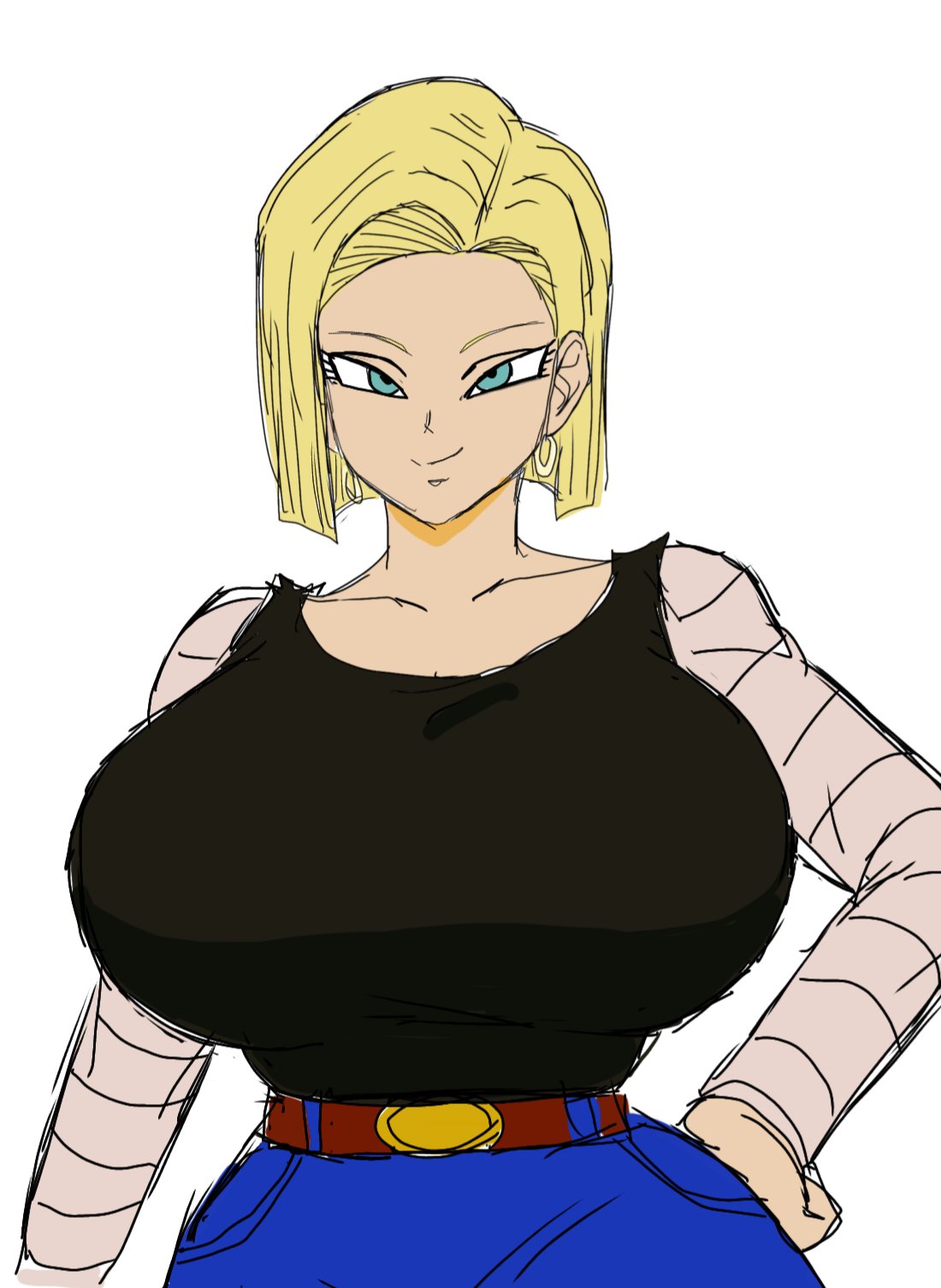 1girls, 2d, 2d (artwork), alternate body type, alternate breast size, android 18, belt, belt buckle, big breasts, blonde hair, blonde hair female, blue eyes, blue eyes female, breasts, breasts bigger than head, busty, busty female, curvy, curvy body, curvy female, curvy figure, digital drawing (artwork), digital media (artwork), dragon ball, dragon ball super, dragon ball z, earrings, female, female focus, female only, hand on hip, hourglass figure, hourglass figured female, huge breasts, jeans, large breasts, mature, mature woman, momiji (artist), short hair, short hair female, simple background, smile, smiling, smiling at viewer, solo, solo female, solo focus, upper body, white background