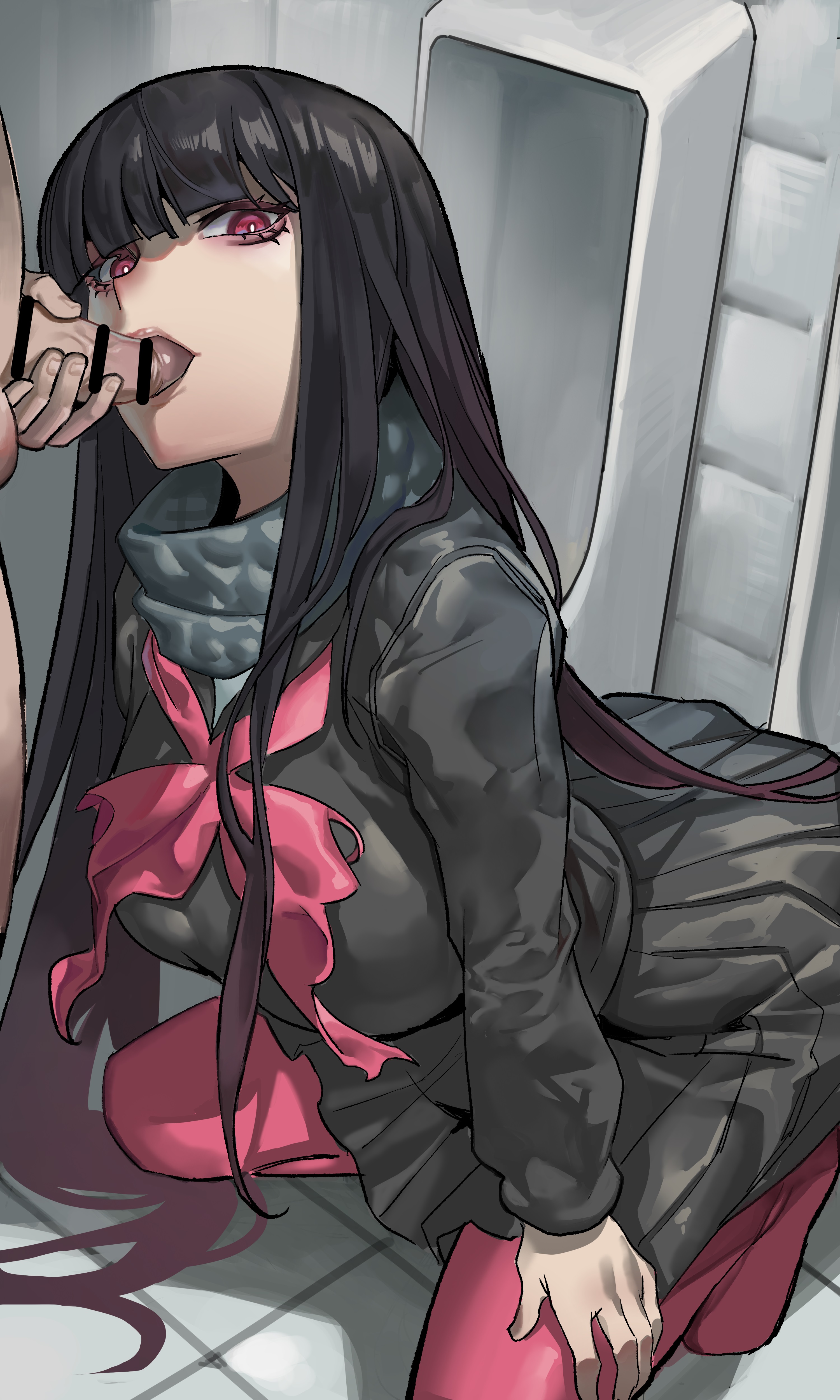 1boy, 1girls, absurd res, big breasts, black hair, blowjob, breasts, breasts visible through clothing, censor bar, censored, censored penis, cheating, cheating wife, clothed female nude male, cuckold, fate (series), fate/grand order, fellatio, female, female focus, fujimaru ritsuka (male), giving head, hi res, infidelity, kneeling, long hair, looking at viewer, male, netorare, ntr, on knees, oral, oral sex, oryou (fate), out of frame, pantyhose, penis, penis in mouth, pink pantyhose, public toilet, red eyes, scarf, seifuku, straight, sucking penis, toilet, urinal, wtlong han